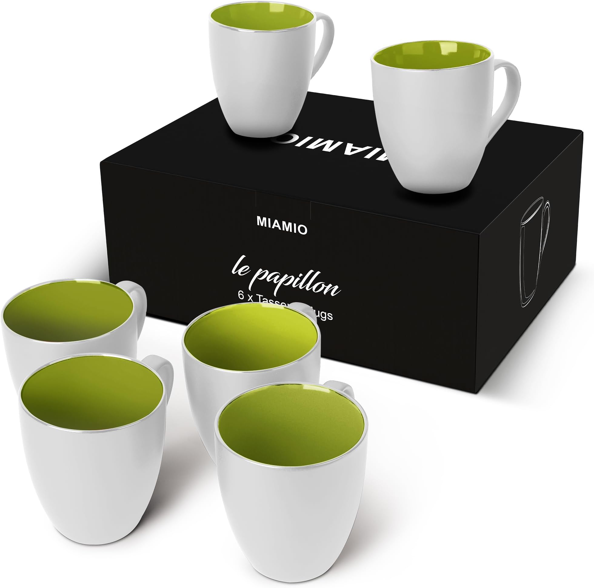 MIAMIO - 6 x 350 ml Stoneware Coffee Mug/Cup Set - Le Papillon Collection (White - Green)
