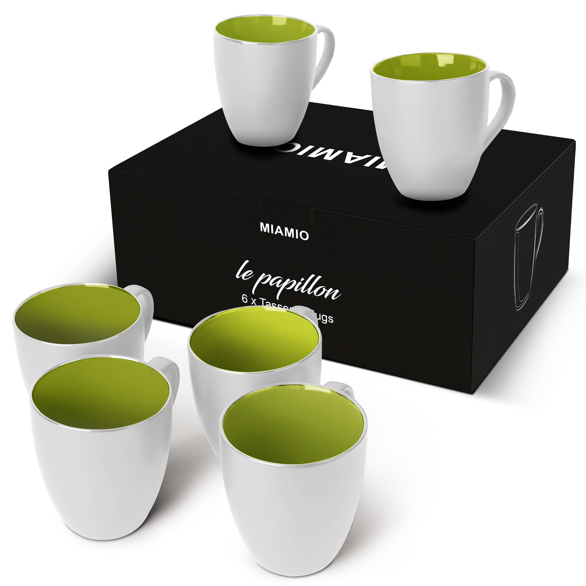MIAMIO - 6 x 350 ml Stoneware Coffee Mug/Cup Set - Le Papillon Collection (White - Green)