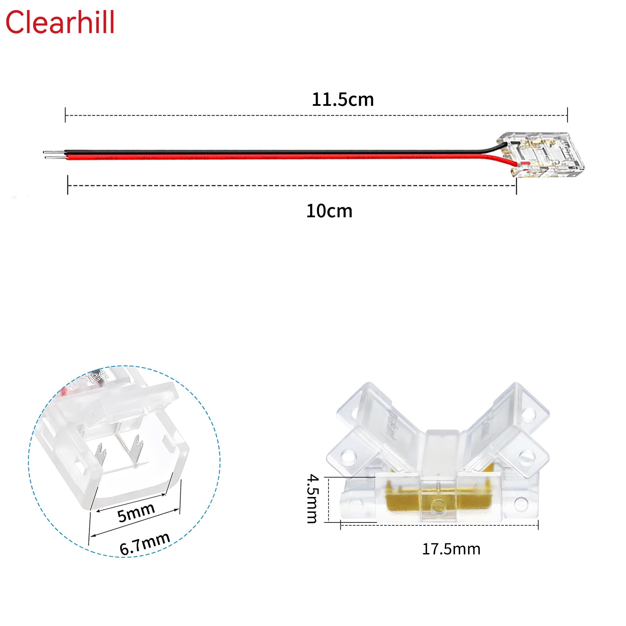 Clearhill 5mm 2Pin 20Packs COB LED Strip Connectors,Solderless Strip to Wire Connectors + 10cm Cable-Gapless Connection for 5mm Single Color COB LED Strips - Image 2