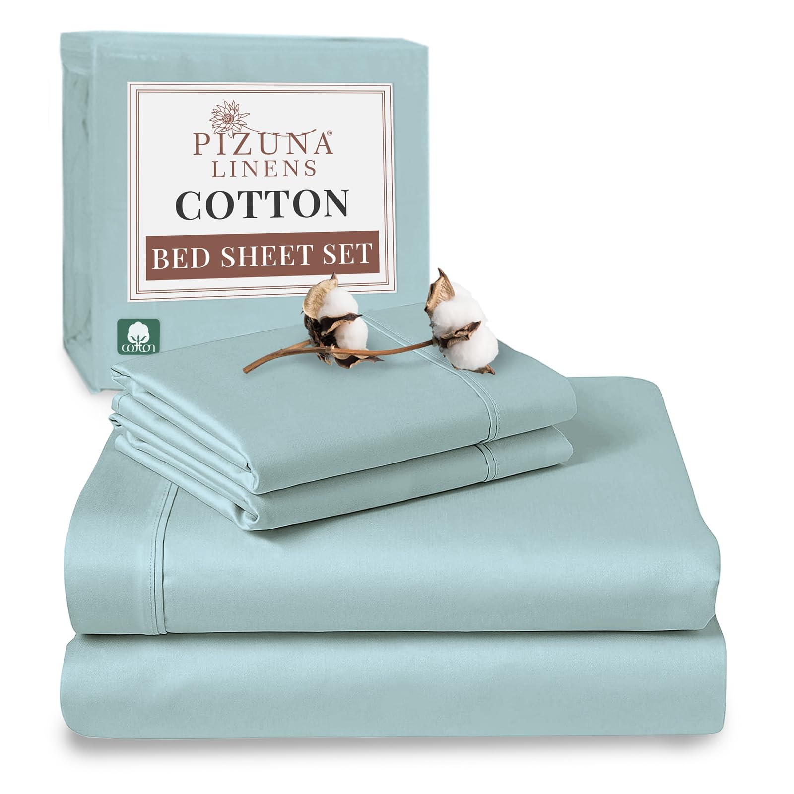 Pizuna Baby Blue 100% Cotton Double Bed Sheet Set 400 Thead Count Long Staple Cotton Bedding Set 230X280 Cm, Soft Sateen 4 Pc Double Bed Sheet Set - Fitted Sheet, Flat Sheet & 2 Pillowcases
