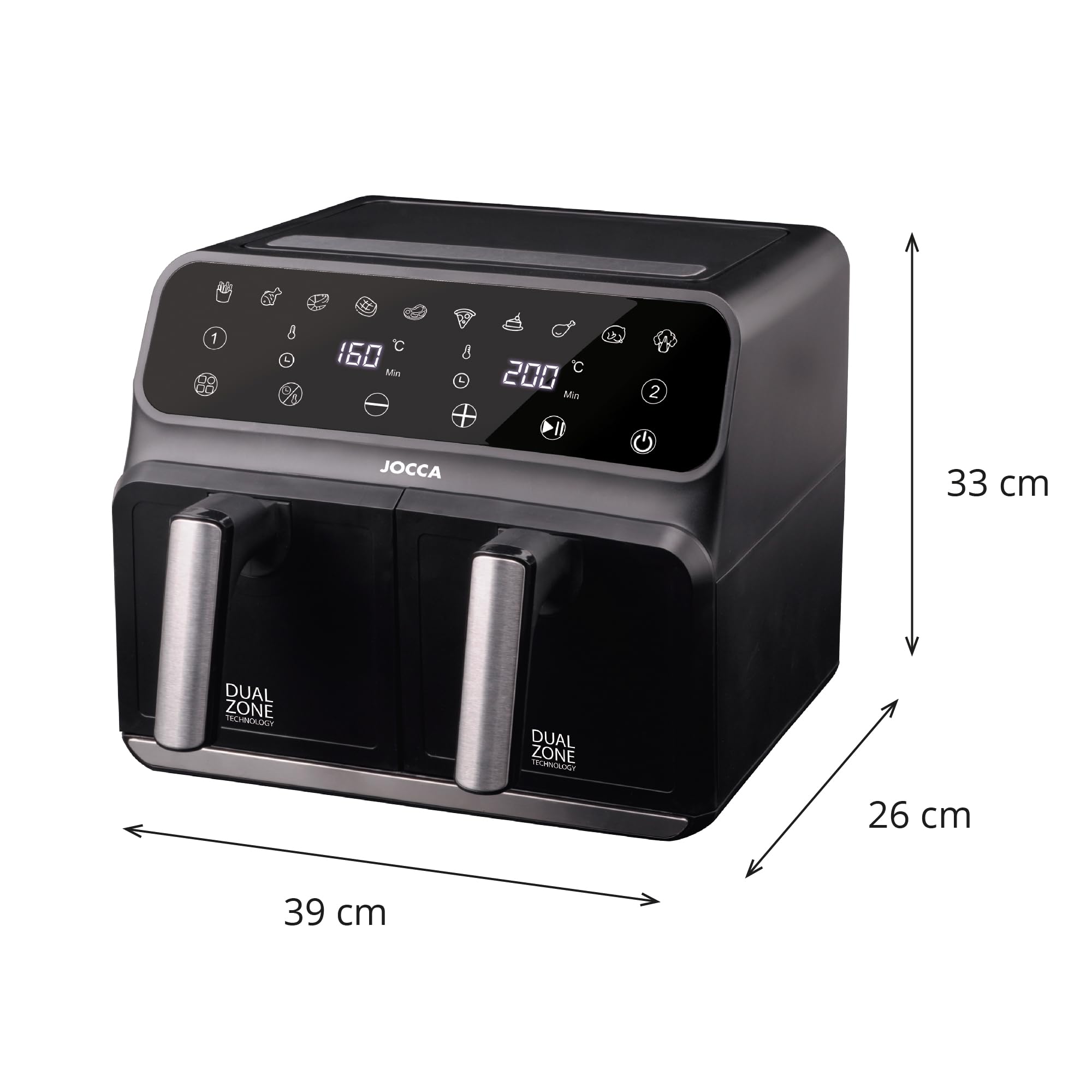 Jocca - Podwójna cyfrowa frytkownica na gorące powietrze 8L z 2 wiaderkami | frytkownica bezolejowa | Air Fryer o dużej pojemności | nieprzywierająca AirFryer | Moc 1700 W | Chłodzony uchwyt (czarny