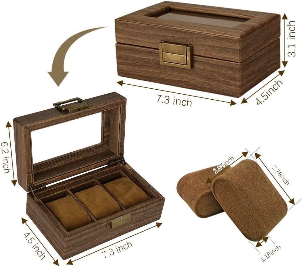 Image of House of Quirk Wooden Watch Box for Organizer, 3 Slots Watches Display Case Storage Boxes with Glass Lid (Wooden)