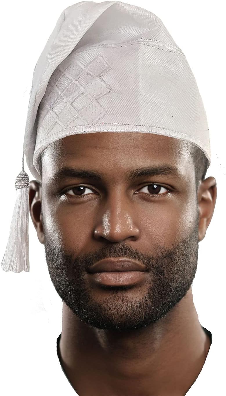 White Embroidered African Hand woven Aso Oke Hat with tassels