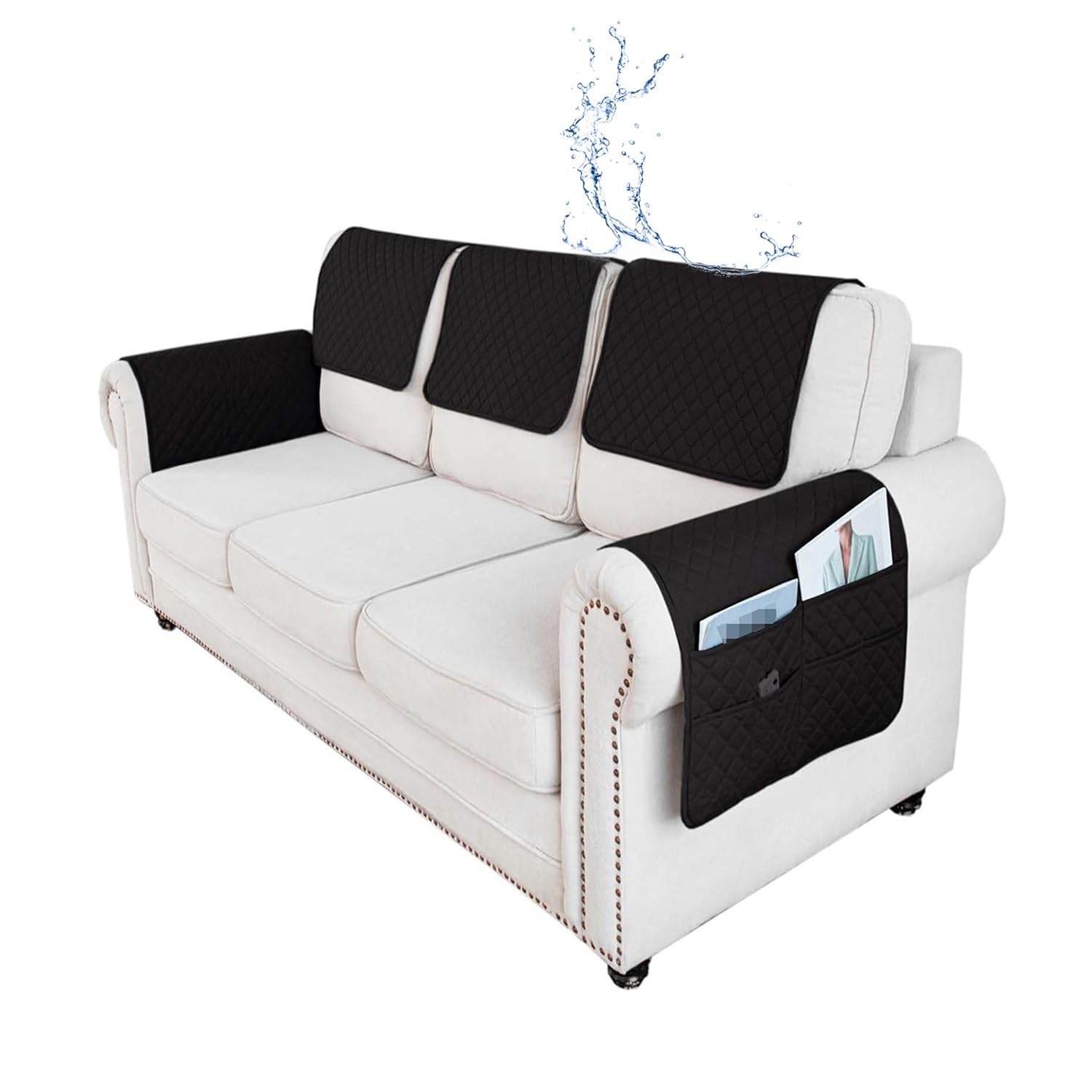 ILiemao 3 or 4 or 5 Pieces Sofa Headrest Cover for Recliner Chair with Storage Pockets Non Slip Armrest Cover Fuzzy Couch Cover Washable Furniture Protector(F10,5 piece set)