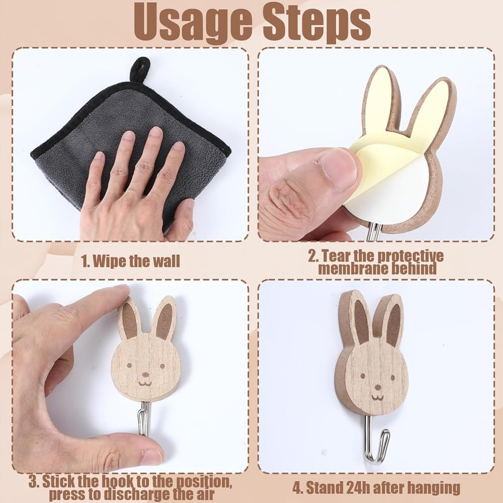 Ganci Adesivi Cucina Legno per Bambini Design Animali Carini Appendini da Muro Set 8 Pezzi