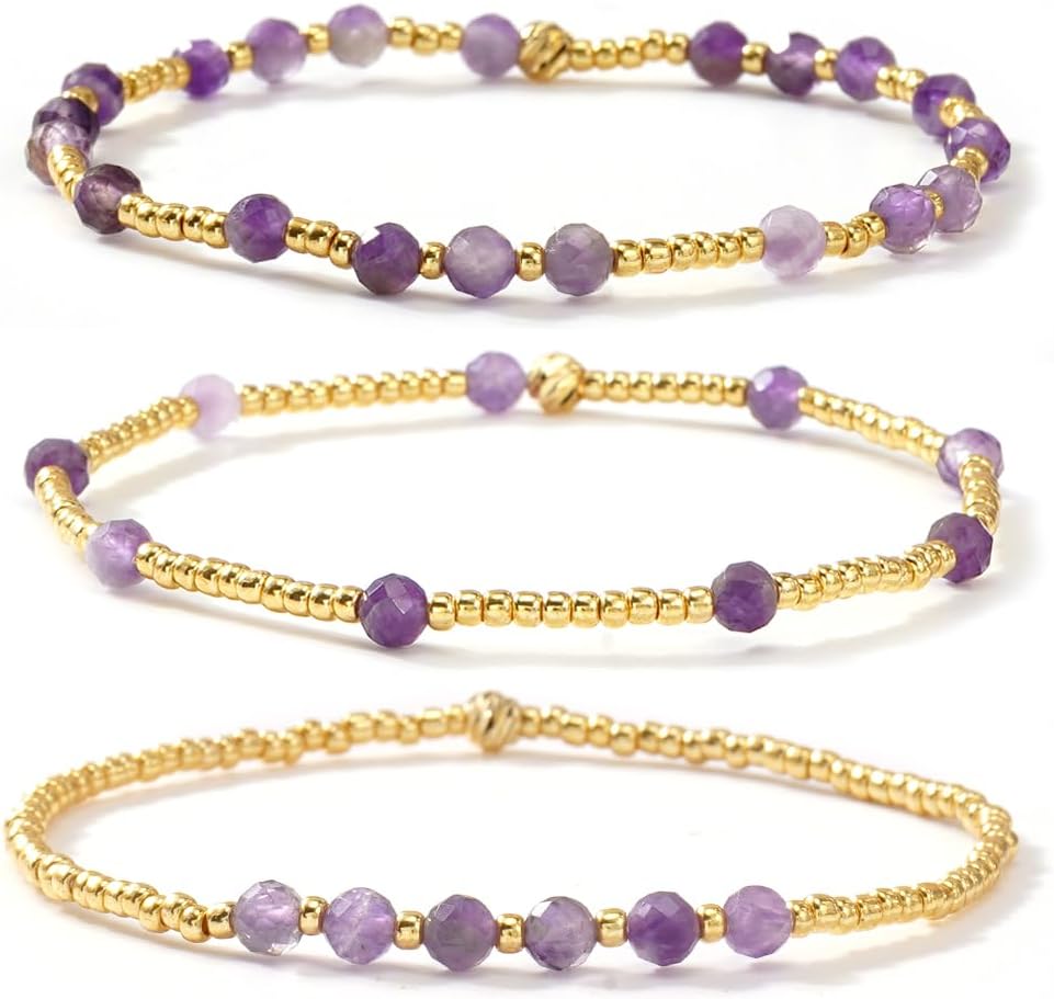 Dainty Gold Beaded Crystal Bracelets Stack for Women,Handmade Purple Glass Beads Stackable Bracelet Set Fashion Jewelry Gift