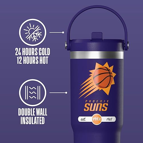 Miniatura 5 de Hydrapeak x NBA Vaso Nomad con Licencia Oficial de Phoenix Suns de 32 oz con Asa y Tapa con Popote, Botella de Agua de Acero Inoxidable a Prueba de