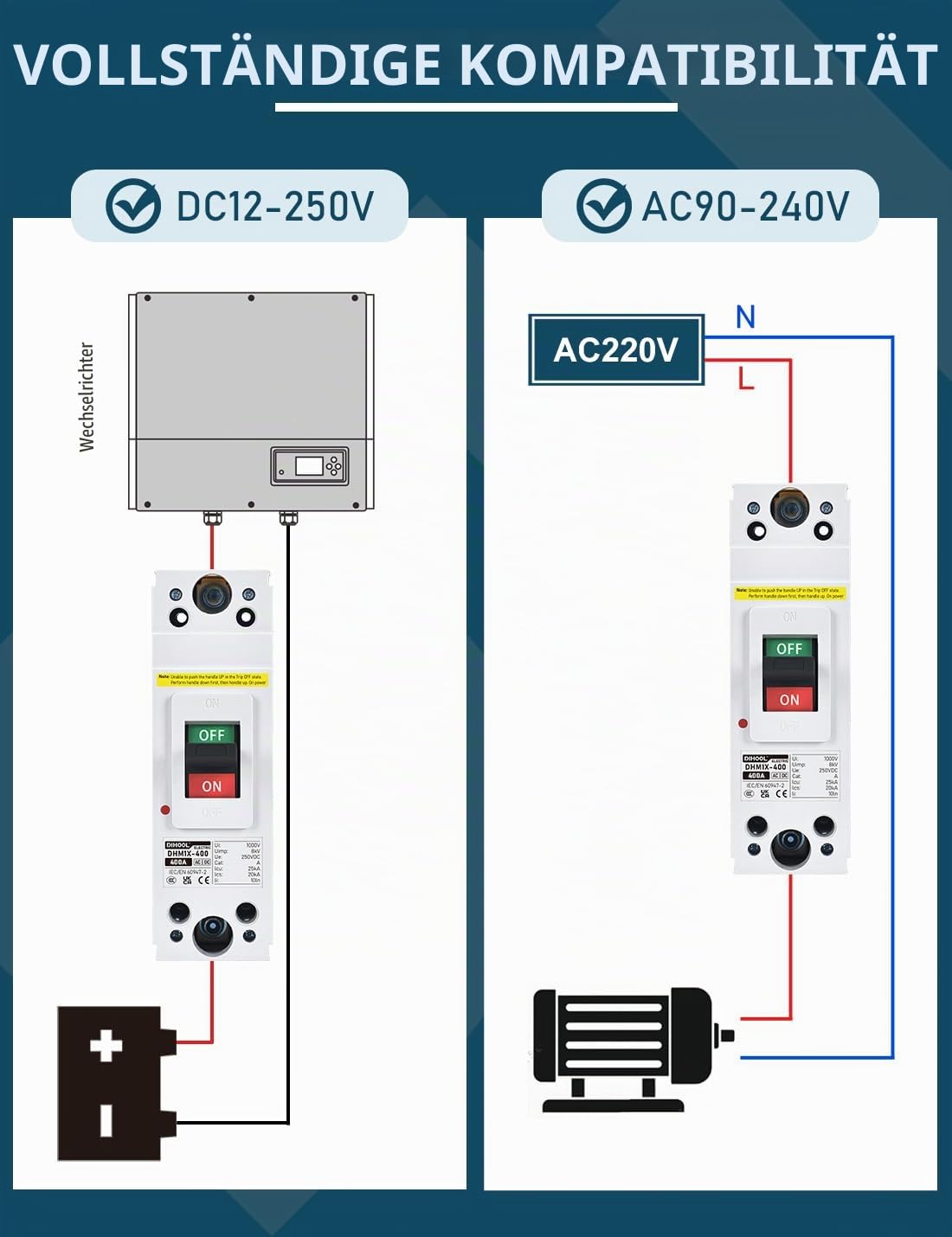 DIHOOL 400A PV MCCB DC Trennschalter,1,Polig,DC250V, Photovoltaik Kompakte Leistungsschalter, für PV,Solaranlage Solarmodule Netzsystem
