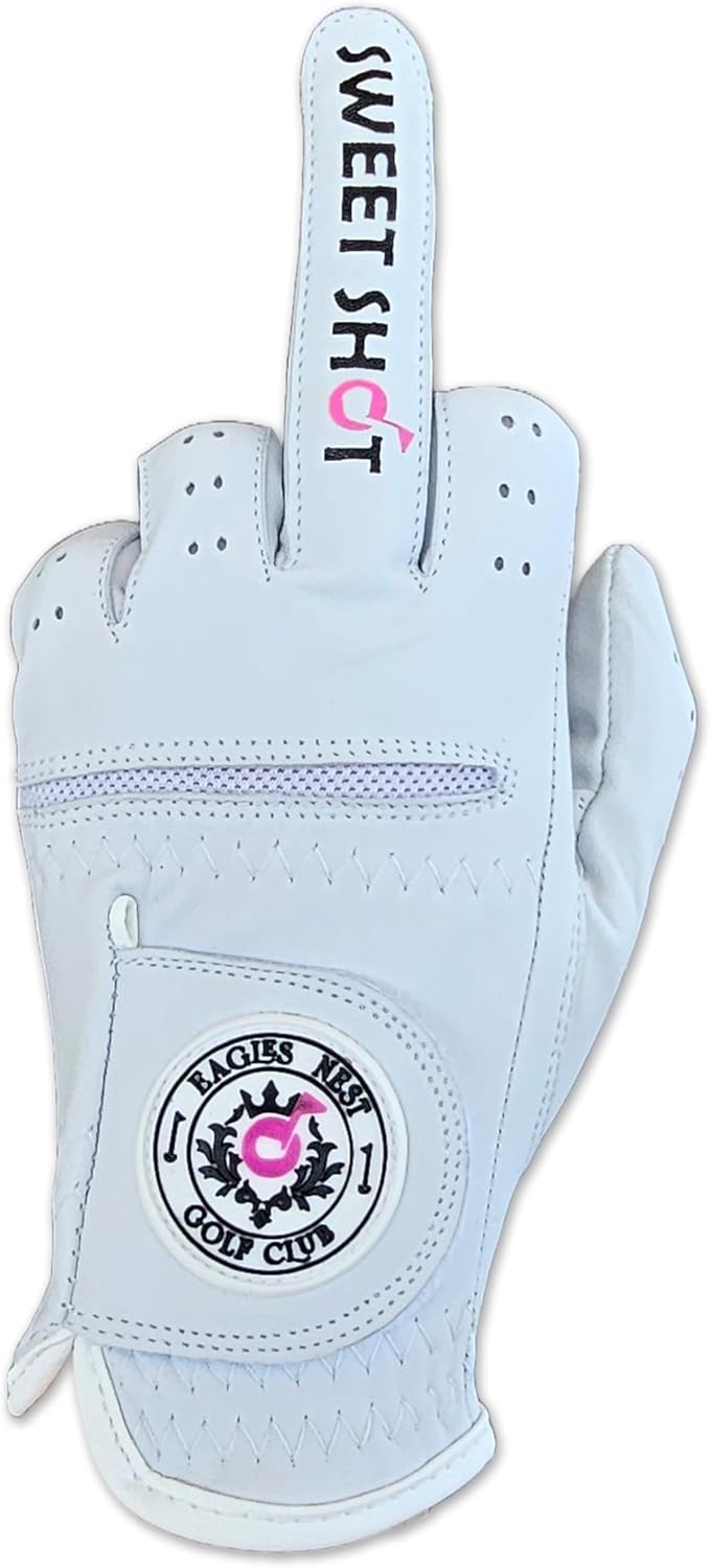 Womens Funny White Golf Gloves - Sweet Shot Premium 100% Cabretta Leather Women’s Golf Gloves Golf Attire and Essentials for Women Fun Golfer Gag Gift Adult Right or Left Hand Small to XXL Sizes