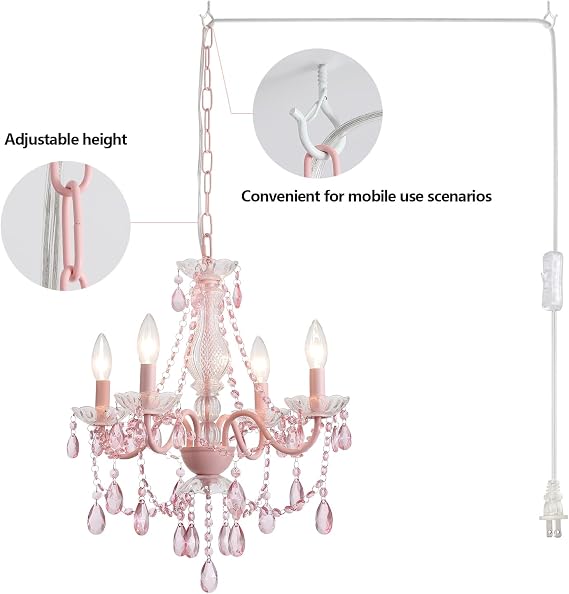 Plug in Crystal Pink Chandelier, Not acrylic Crystal,Mini 4 Lights for Girls Room,Pink Crystals Hanging Pendant Light with Clear Cord and On/Off, Chandelier for wedding, Kitchen, Dining,Foyer,Island