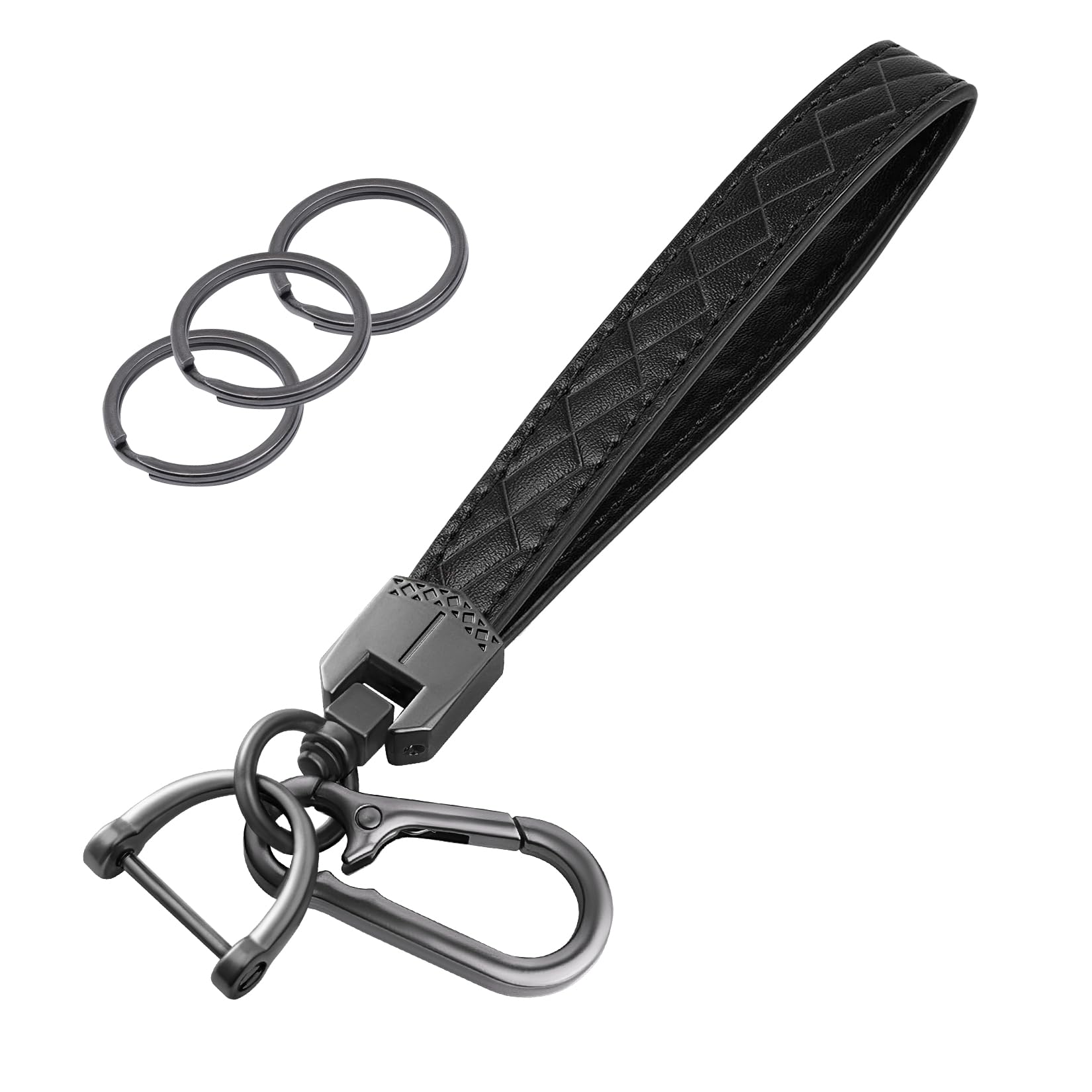 Leather Wristlet Keychain,Car Key Chain Wrist Keychain with 3 Key Ring and Anti-Lost D Ring (Black)