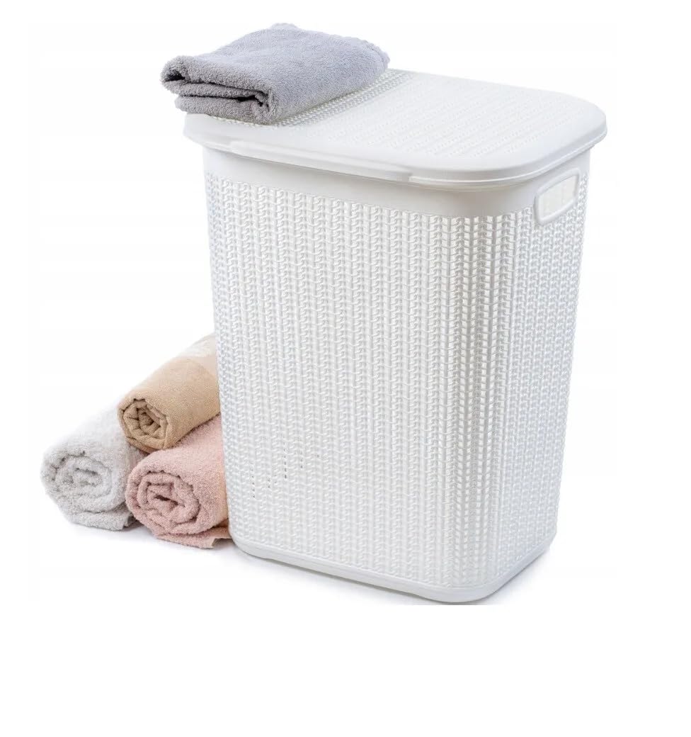 52L,50L,43L & 9L Plastic Slim Lid Bin Laundry Basket Clothes Washing Hamper Organiser Storage Container (50 Litre Knit Design Ivory White) — image 1