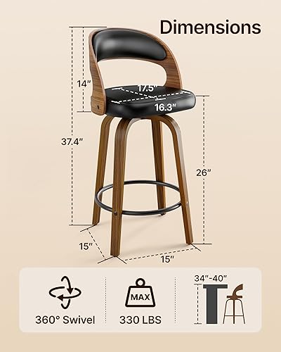 Miniatura 2 de SUNCOZE Juego de 2 taburetes de bar de 26 pulgadas de altura de mostrador con respaldo, modernos taburetes de bar giratorios con asiento de piel
