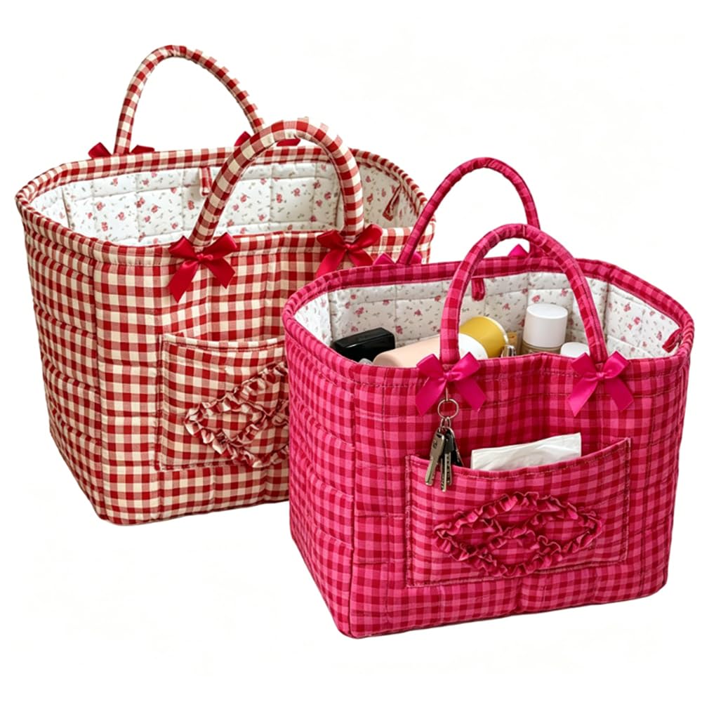 Cotton Quilted Storage Basket with Handles, Collapsible Fabric Storage Bin for Shelves, Clothes and Toy Organiser Basket for Nursery, Bedroom, Laundry, Farmhouse Plaid Collapsible Laundry Hamper