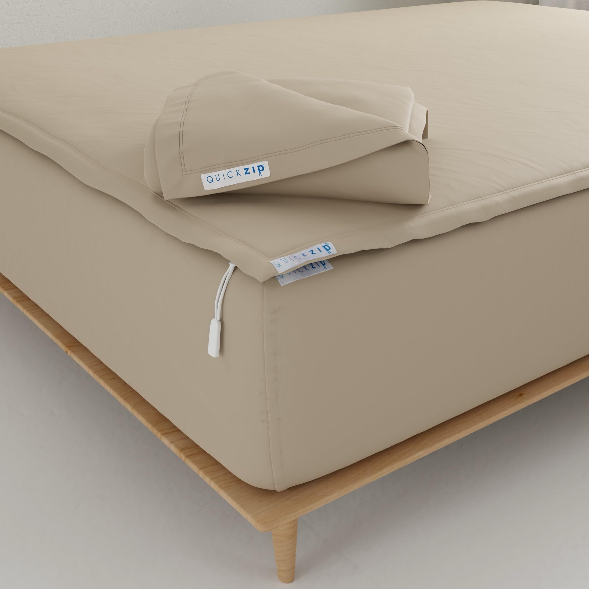 QuickZip Fitted Plus Spare Bundle: 1 Fitted Sheet (Base + Zip Sheet) &amp; 1 Zip Sheet - Easy to Change, Won’t Pop Off - Soft Sateen 400 TC 100% Cotton - 17.5” Deep Pockets King Size Sheets – Sand