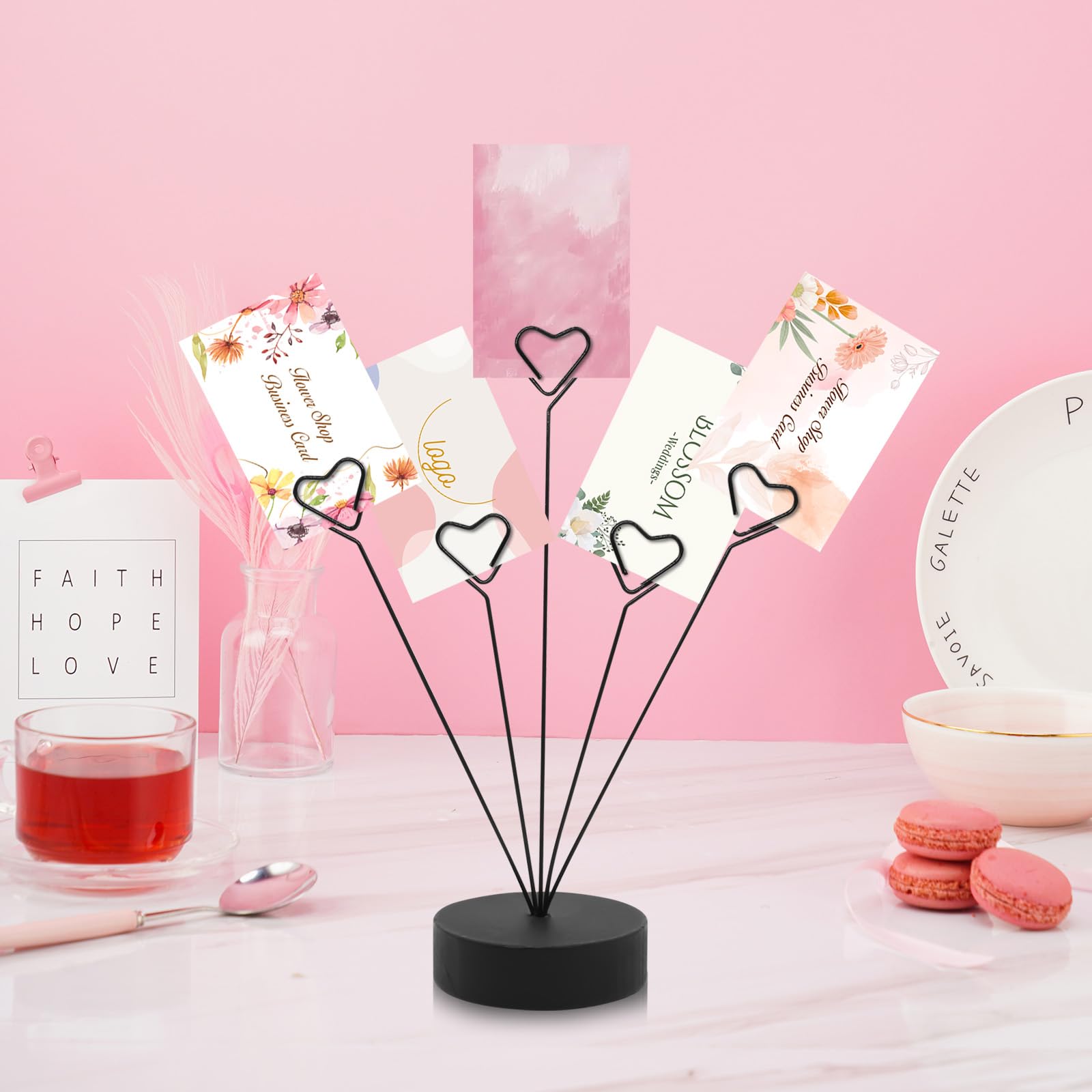 HINGTAI Black Tree Holder for Pictures Desk Photo Display Gift Tree Holder for Party, Heart-Shaped Photo Stand Contains Five Clips, Round Base Suitable as a Gift for Holidays Weddings or Work
