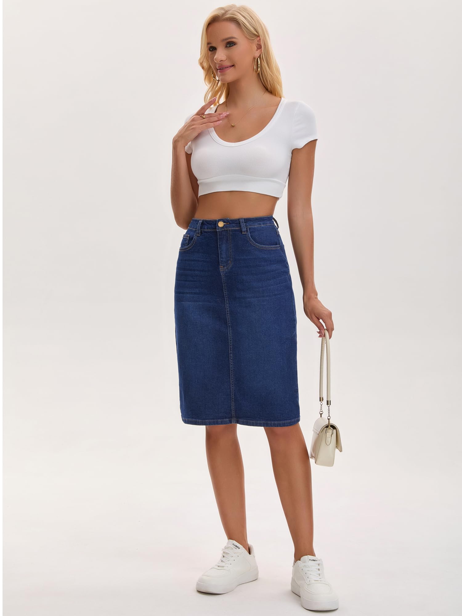 Damen Jeansrock mit Gehschlitz Stretch Knielang | Hohe Taille Gewaschener Stil Bleistiftsaum Reguläre Passform Knopf Reißverschluss mit 4 Taschen
