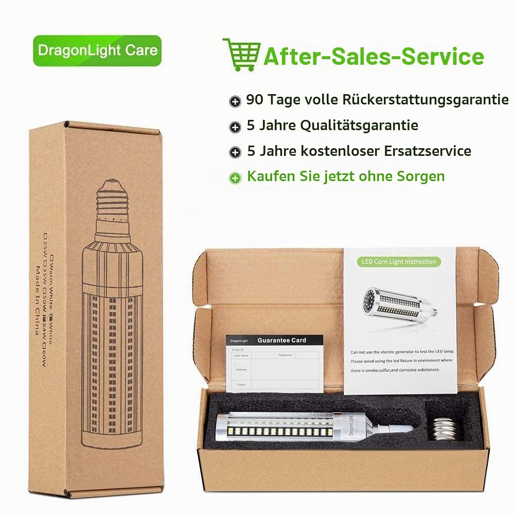 DragonLight 50W Superhell Mais Licht LED Glühbirne Lüfterlos(Ersetzt 350Watt) - E27 LED Lampe mit E40 Adapter - 6000K Kaltweiß 6,000 Lumens für Gebiet Beleuchtung - Garage Werkstatt Straßenleuchte