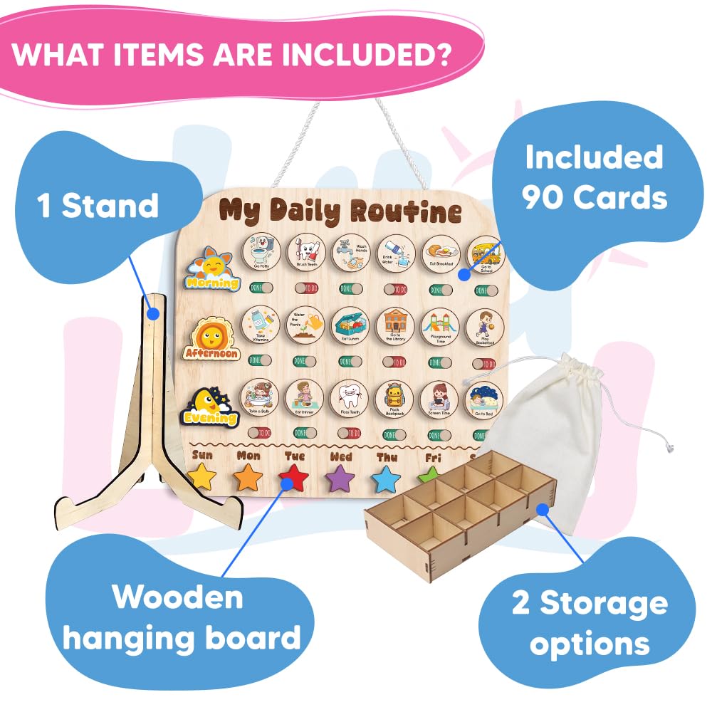 Wooden Daily Routine with Stars, Chore Chart for Kids, Visual Schedule for Kids, Morning Evening Routine Chart, Preschool Routine Chart, Routine Chart for Kids