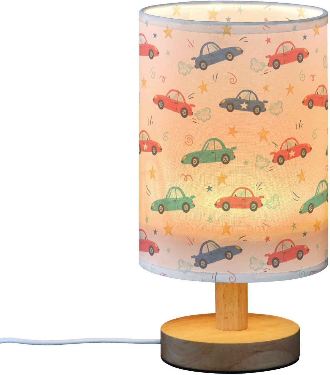 SPRIPORT Cartoon Car Stars White Print Bedside Table Lamp for Bedroom Nightstand Lamp with Wood Base & Round Flaxen Fabric Shade Bedroom Lamp for Reading Working Living Room Dorm Home Office