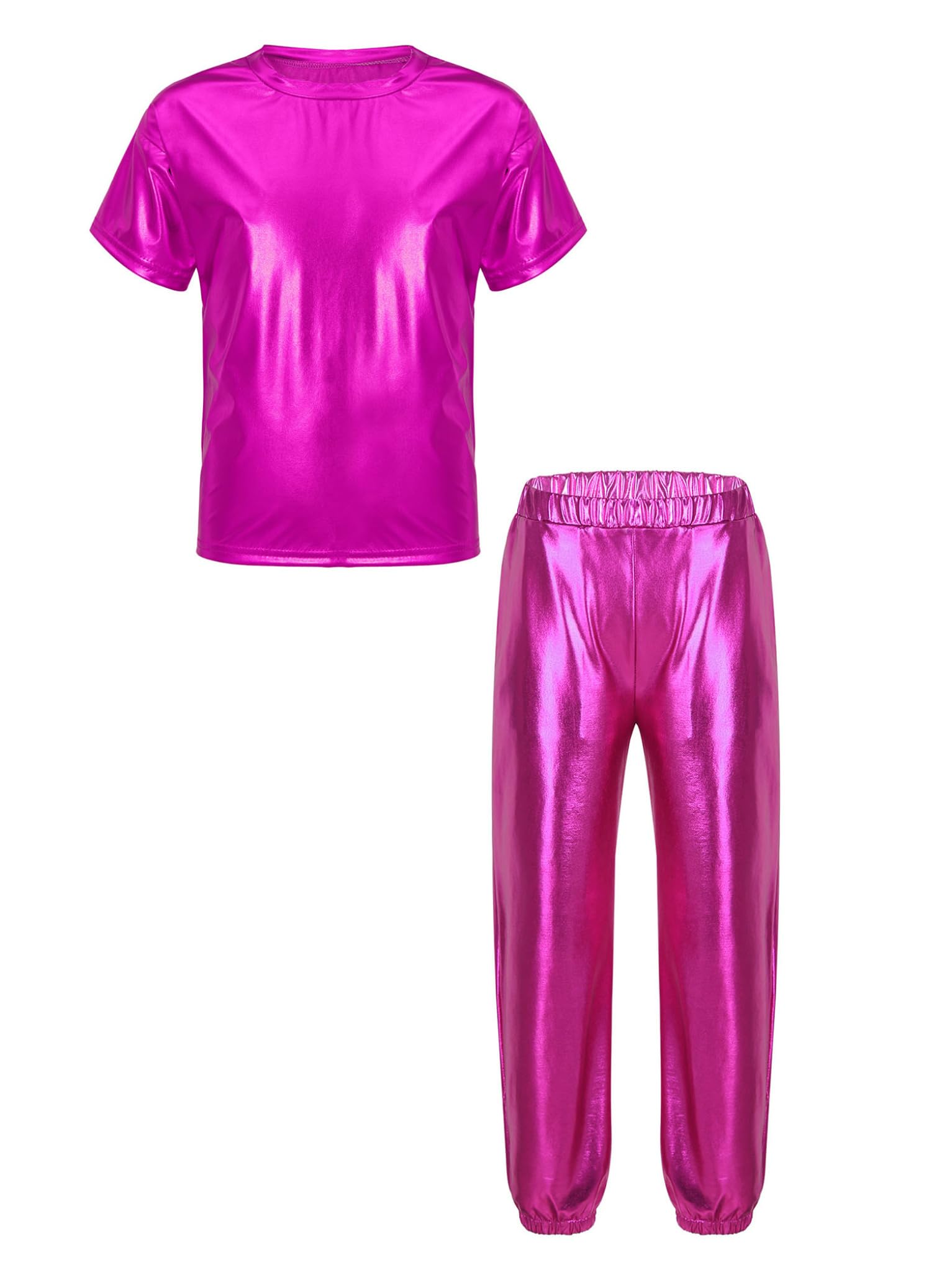 TTAO Kids Girls Jazz Hip-hop Street Dance Costume Shiny Metallic T-Shirt with Pants 2 Piece Set Dancewear Hot Pink 8 Years