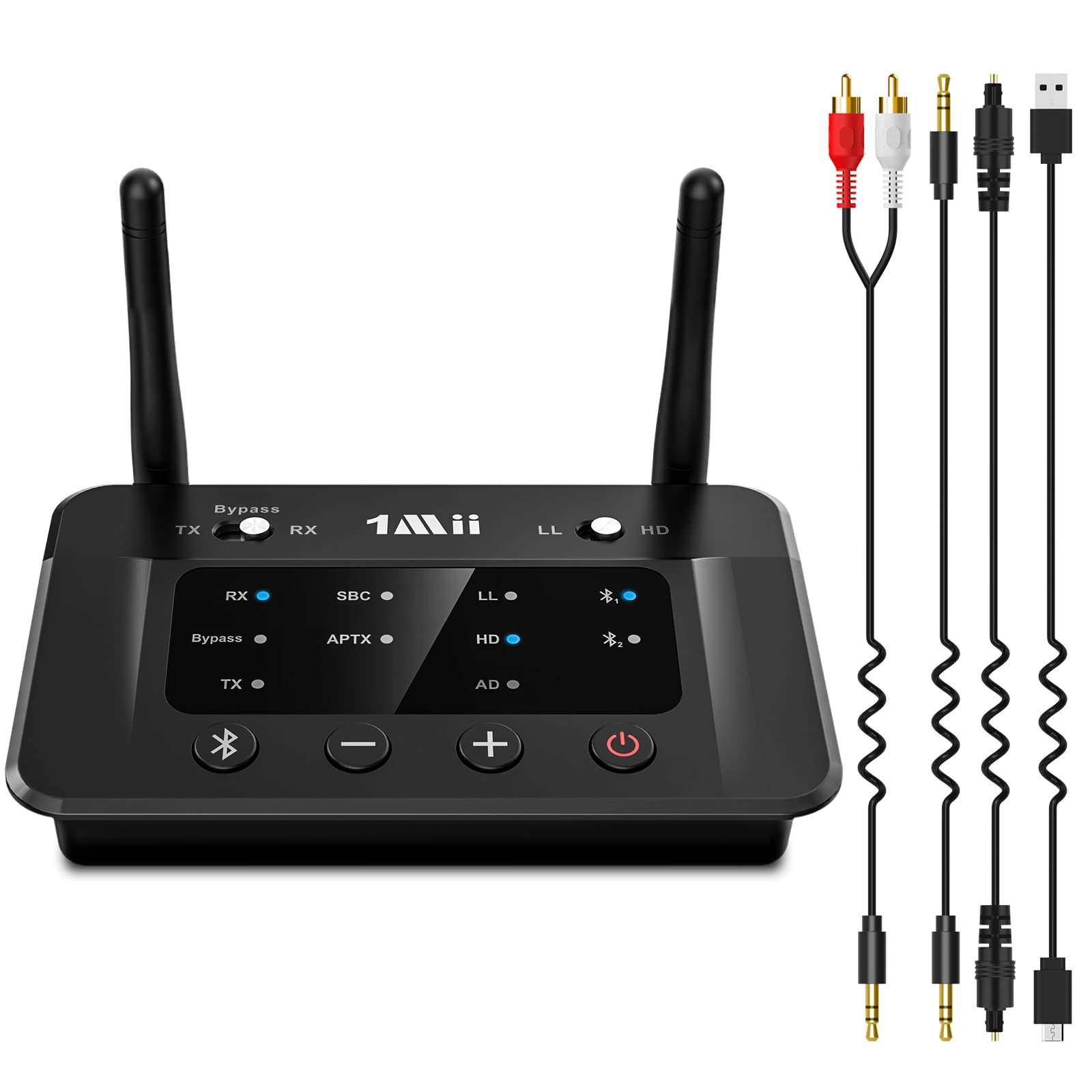 1Mii B03 Transmisor Receptor Bluetooth 5.3 para TV, Adaptador Emisor Audio Inalámbrico aptX LL HD, con Salida/Entrada Óptica/RCA/AUX, Doble Enlace a 2 Auriculares Bluetooth, Estéreo, Largo Alcance 70m