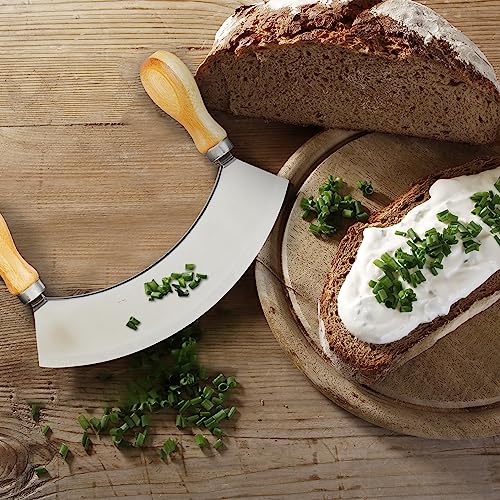 Foto von Relaxdays Wiegemesser mit Brett, Bambus & Edelstahl, zweischneidiges Kräutermesser, Kräuterbrett Ø 25 cm, natur/silber