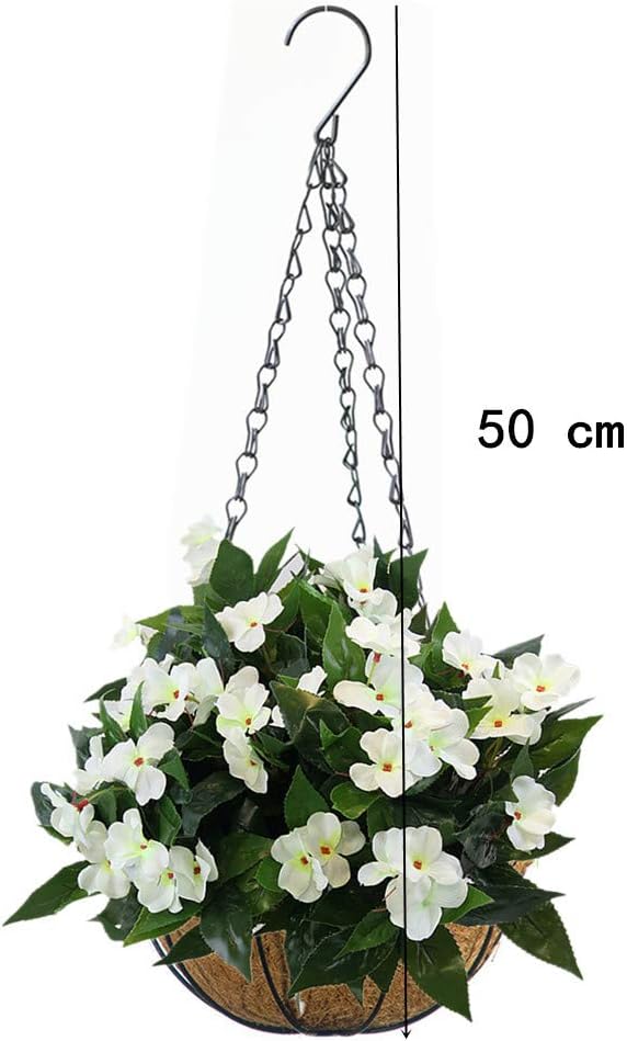Set of Artificial Impatiens Flowers Hanging Coco Flowerpot with Chain for Home Decoration, White (A Small Basket and Artificial Flowers)