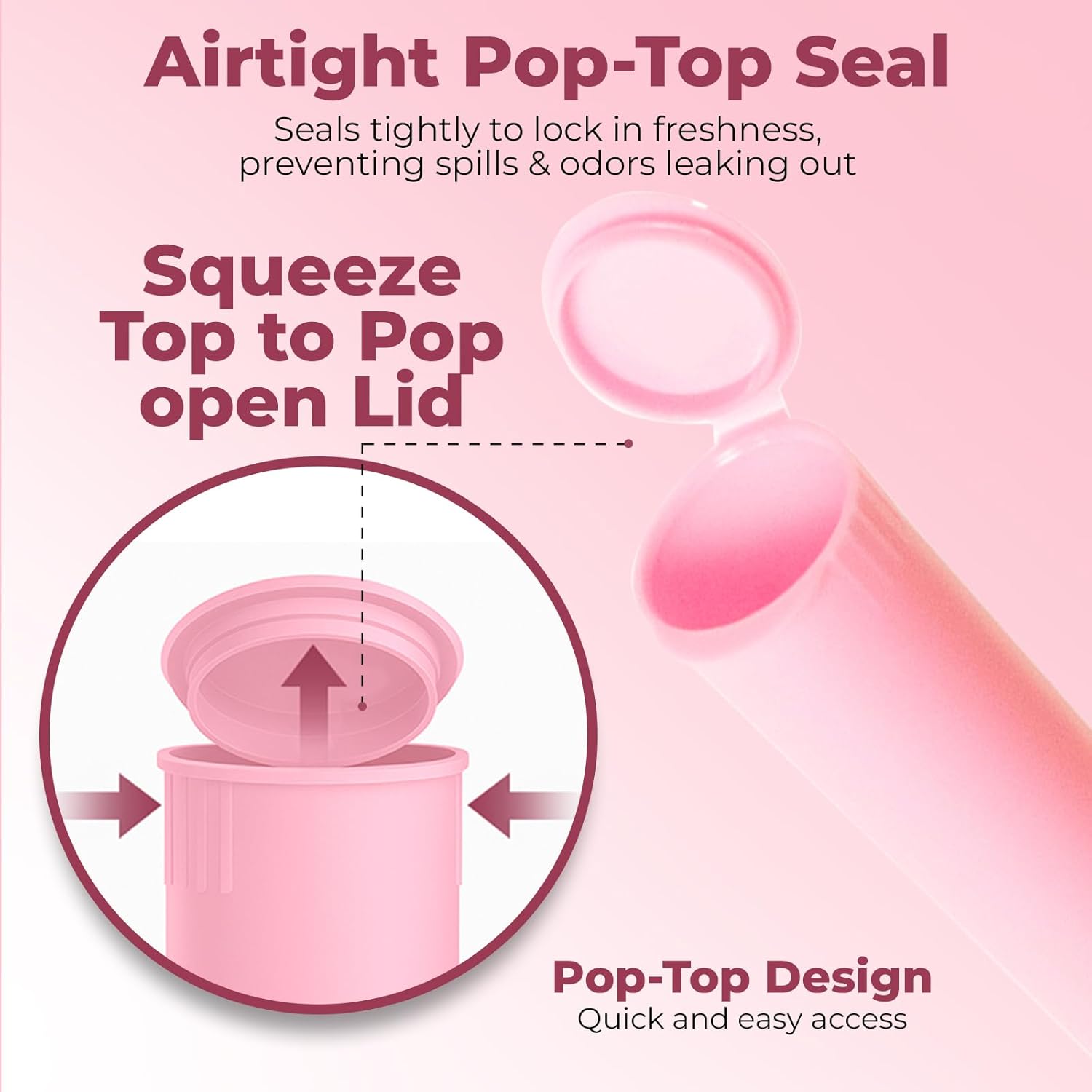 Kopperko Small Pill Container (116mm, 4.6 Inch 500-Pack) | Child Resistant Medication Bottles | Small Pill Tube Container for Spices | Airtight, UV Resistant & Waterproof (Pink Plastic)