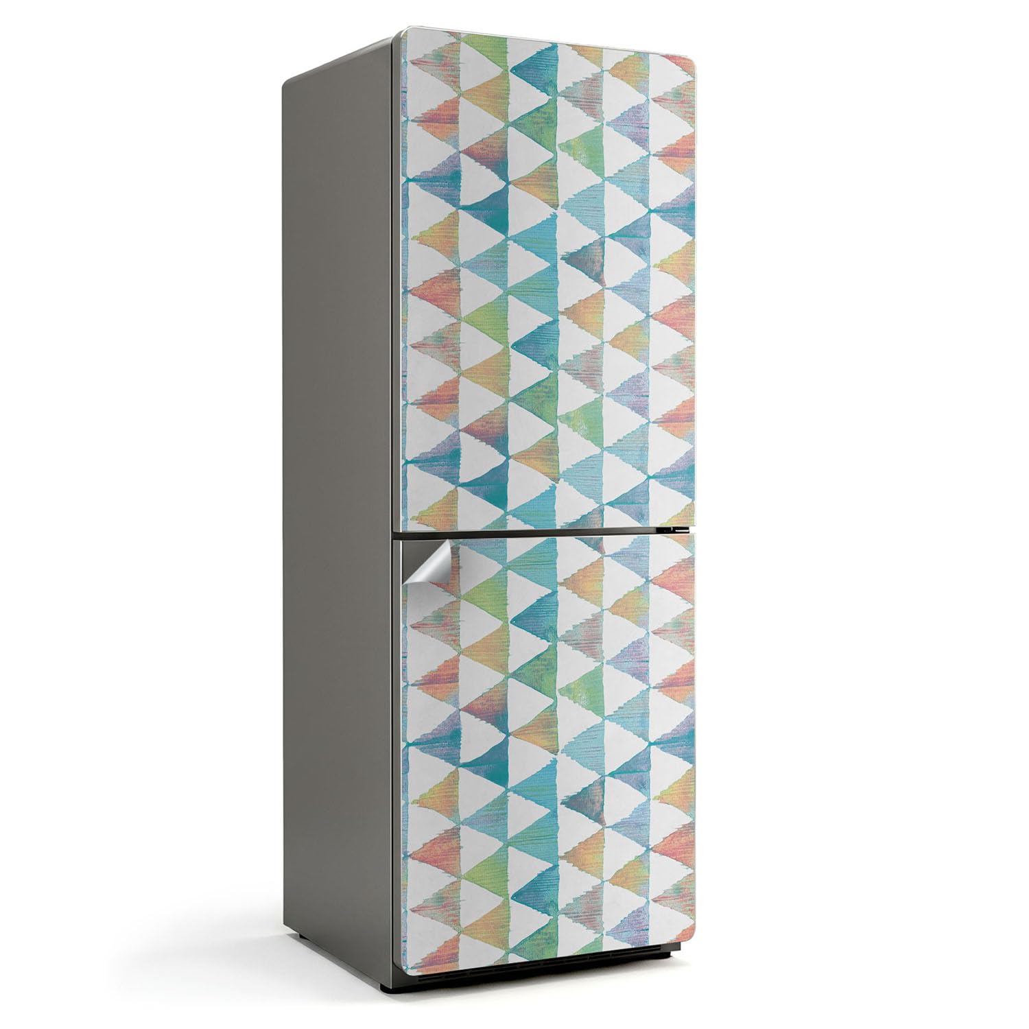 Autocollant frigo géométrique pour rénover une cuisine ouverte facilement