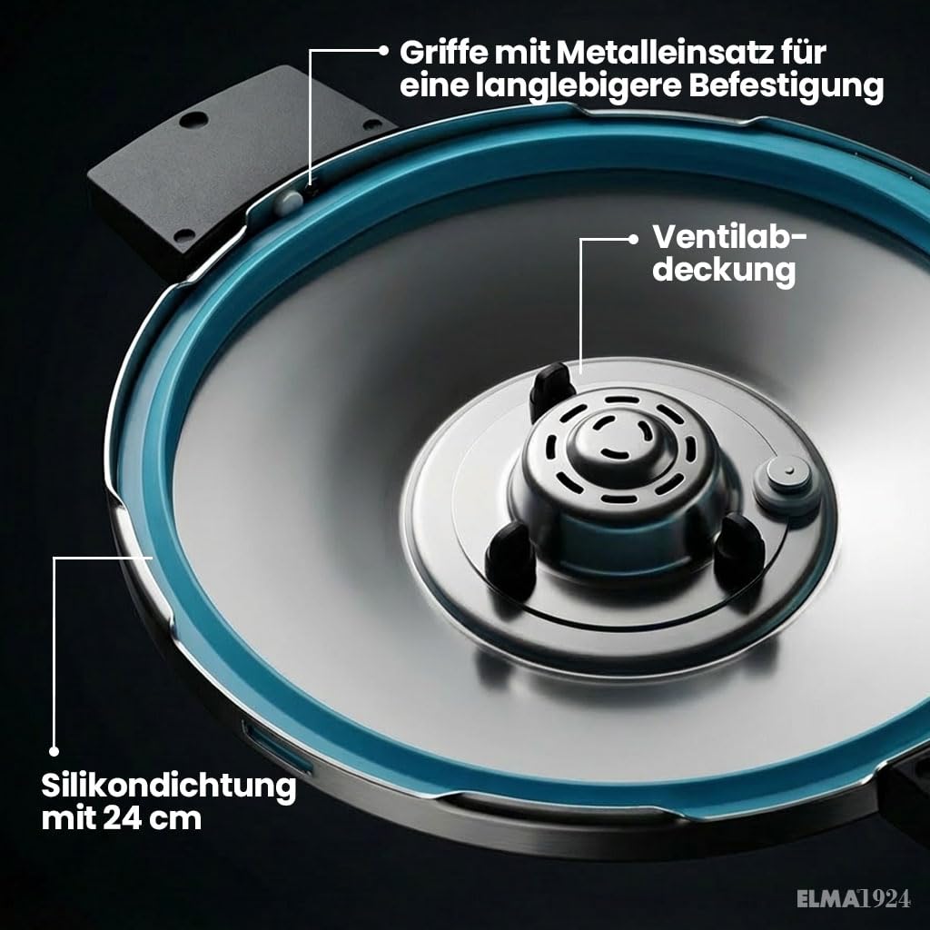 ELMA Prêst Schnellkochtopf Set 4 + 6 Liter, Ø 24 cm | 18/10 Edelstahl, Induktionsgeeigneter Kapselboden, 2 Garstufen, Dreifaches Sicherheitssystem, Glasdeckel Inklusive