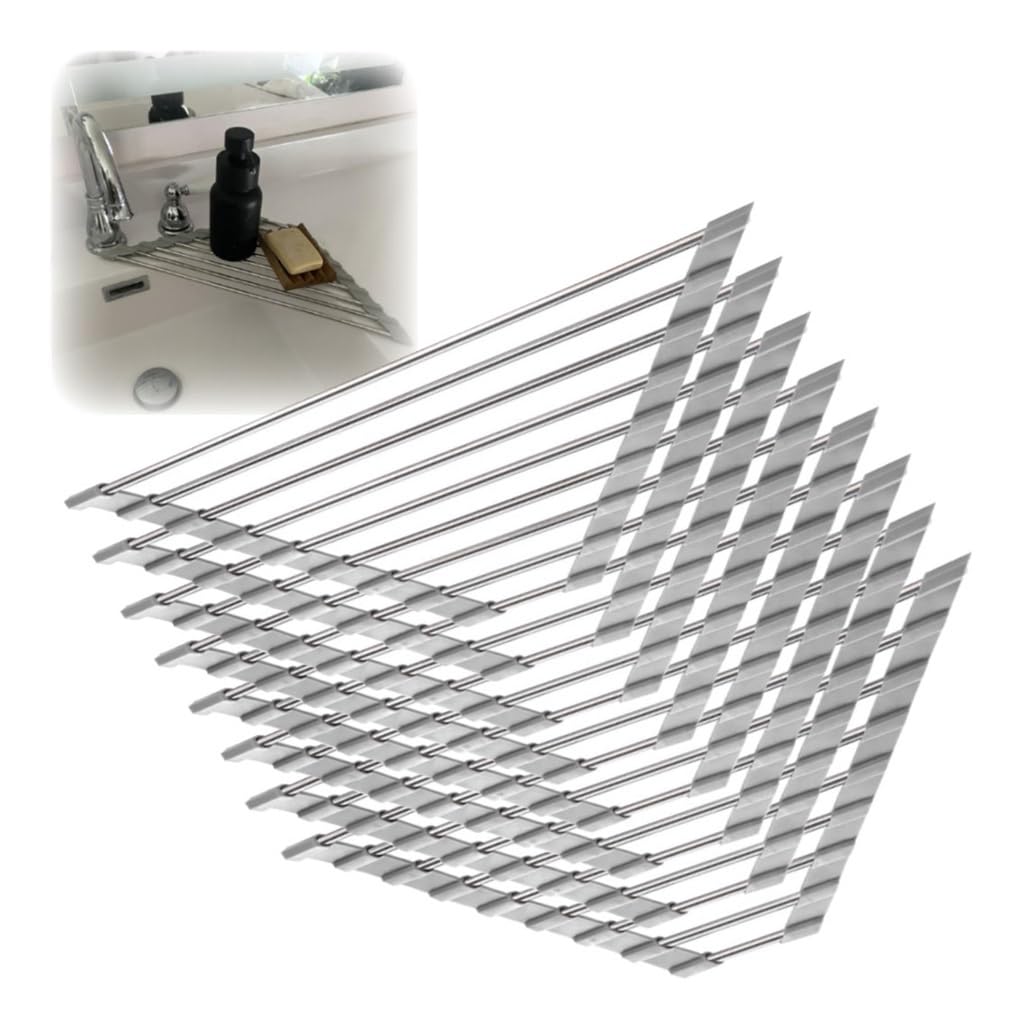 Escurridor de Platos Triangular para Esquina de Fregadero, Soporte Enrollable Plegable de Acero Inoxidable para secar Platos, Alfombrilla escurridora para Colocar sobre el Fregadero.