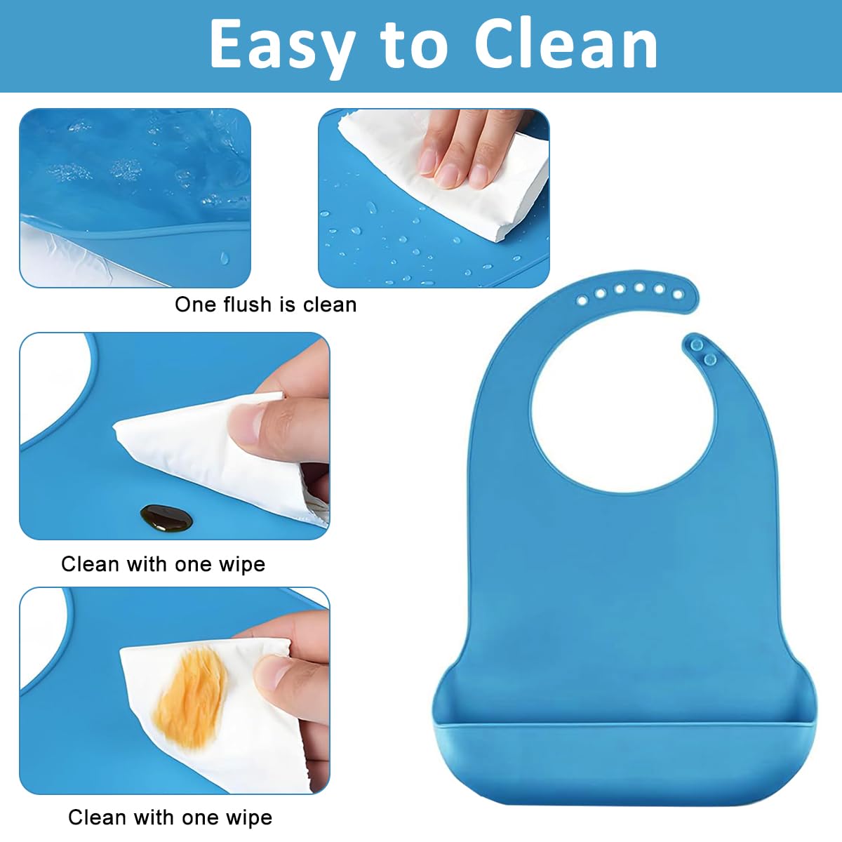 HANNEA® Silicone Adult Bibs Small Reusable Bib with Catch-All Pocket & Adjustable Neck Strap, Waterproof Dining Bibs for Elders, Patient, Easy To Clean 17.7x11.4 Inches (Blue) - Image 4 thumbnail