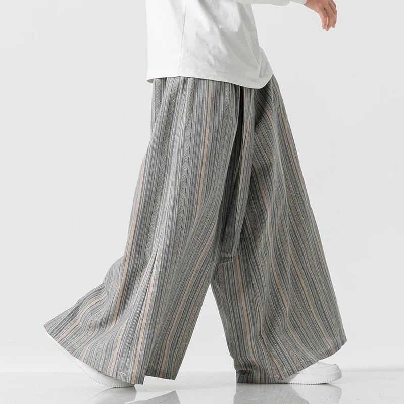 Spring Autumn Men Pants Japanese Striped Wide Leg Pants Retro Ethnic Style Cotton Linen Straight Trousers3