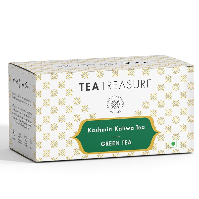 Tea Treasure Kashmiri Kahwa Green Tea |Detoxification, Body Cleanse & Immunity Booster With Almond, Cinnamon, Black Pepper, & other spices |Kashmiri Kahwa - 50 Tea Bag