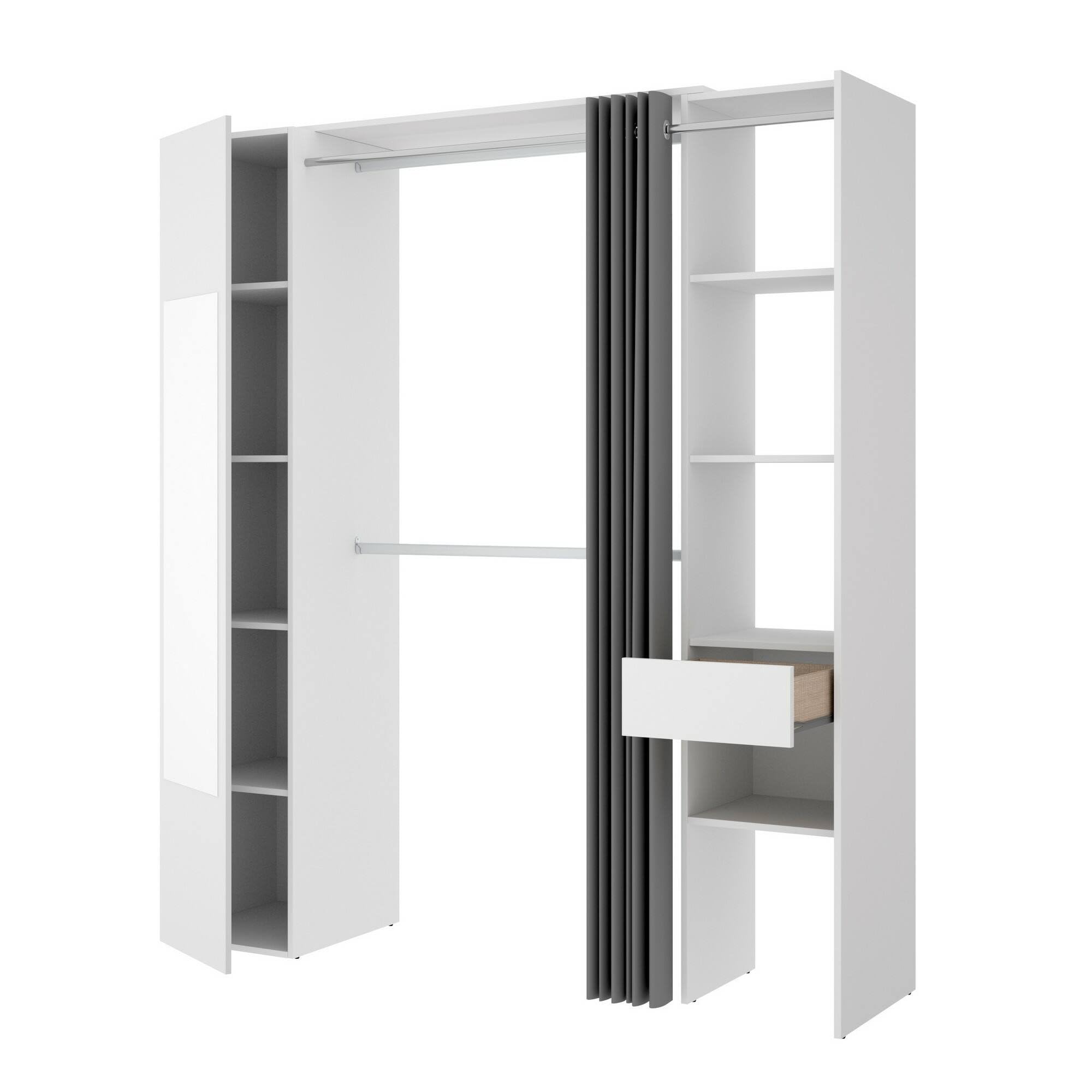 Dmora Guardaroba Grande Rigi 52x205h cm Bianco 8 Ripiani Appendiabiti, Armadio Camera da Letto un Cassetto