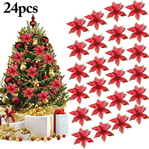 Outgeek Decoration Noel Sapin, 24Pcs Ornement Sapin Noël Lot déco Noël Glitter Artificielles Fleurs de Noel pour la fête de Mariage Décorations de Noël