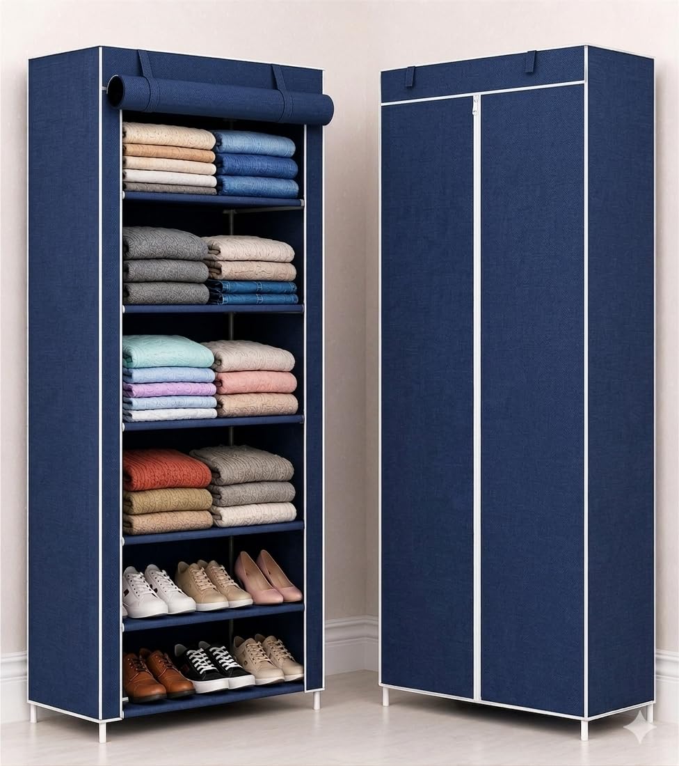 Collapsible Wardrobe 6 Shelves Storage Clothes Storage Rack Quick Wardrobe/Cabinet/Multipurpose Storage Rack, Foldable, Collapsible Fabric Organizer for Home Office New (Blue 6-Layer)-image-8