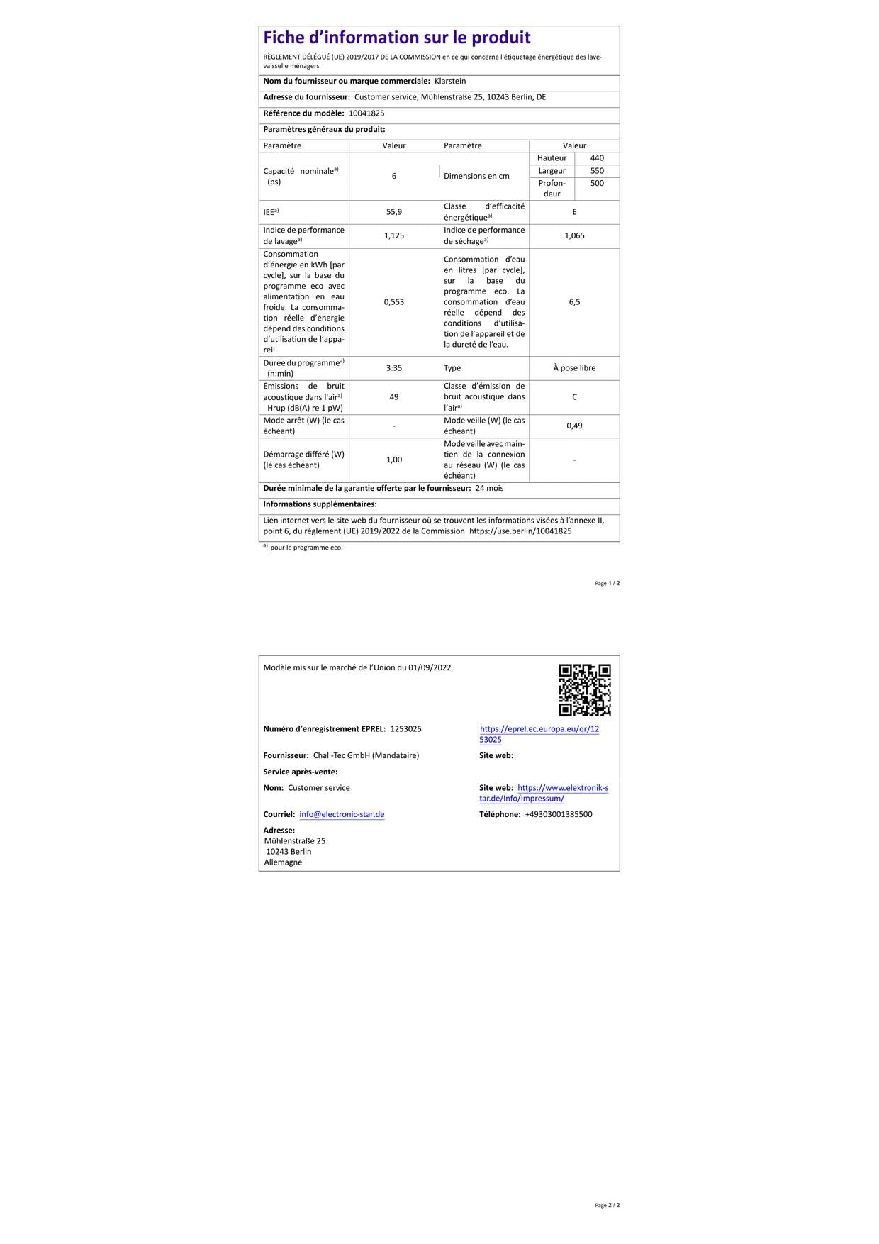 Klarstein Mini Lave Vaisselle Encastrable 6 Couverts Silencieux 6 Programmes
