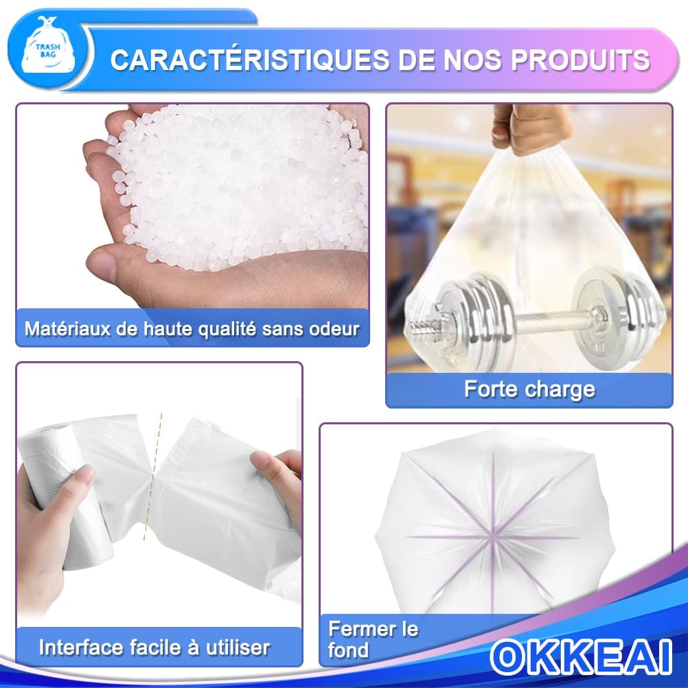 OKKEAI 120 Pezzi Sacchetti Spazzatura 10L,45x50cm,Sacchetti Spazzatura Piccoli Antistrappo, Alta Qualità, Durevoli e Antiforo, Sacchi Pattumiera per Cucina, Bagno, Soggiorno (Bianco)