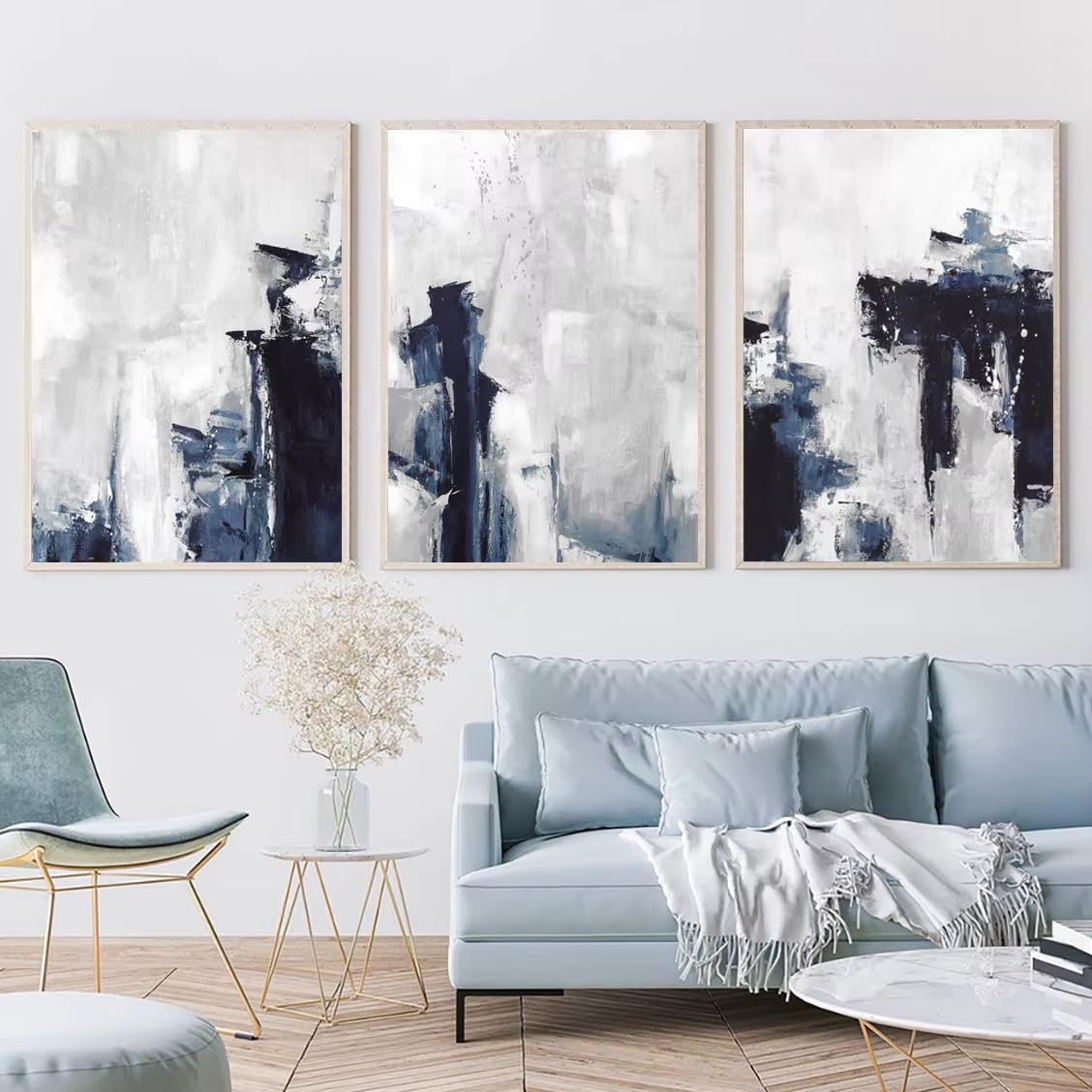 DFZEWKI Blue and Grey Abstract Wall Art Prints Art Painting Canvas Poster Modern Minimalist Wall Pictures Decor(60x80cm(24x31in) x3/No frame)
