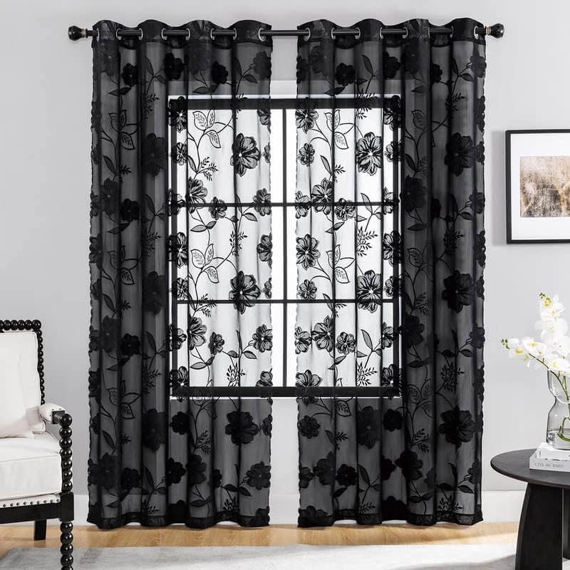 Treatmentex Cortinas Traslúsidas Florales de Encaje de Visillos Sala para Ventana de Dormitorio, Moderno Decorativos Suaves, con 8 Ojales 2 Piezas, Negro,140X175CM