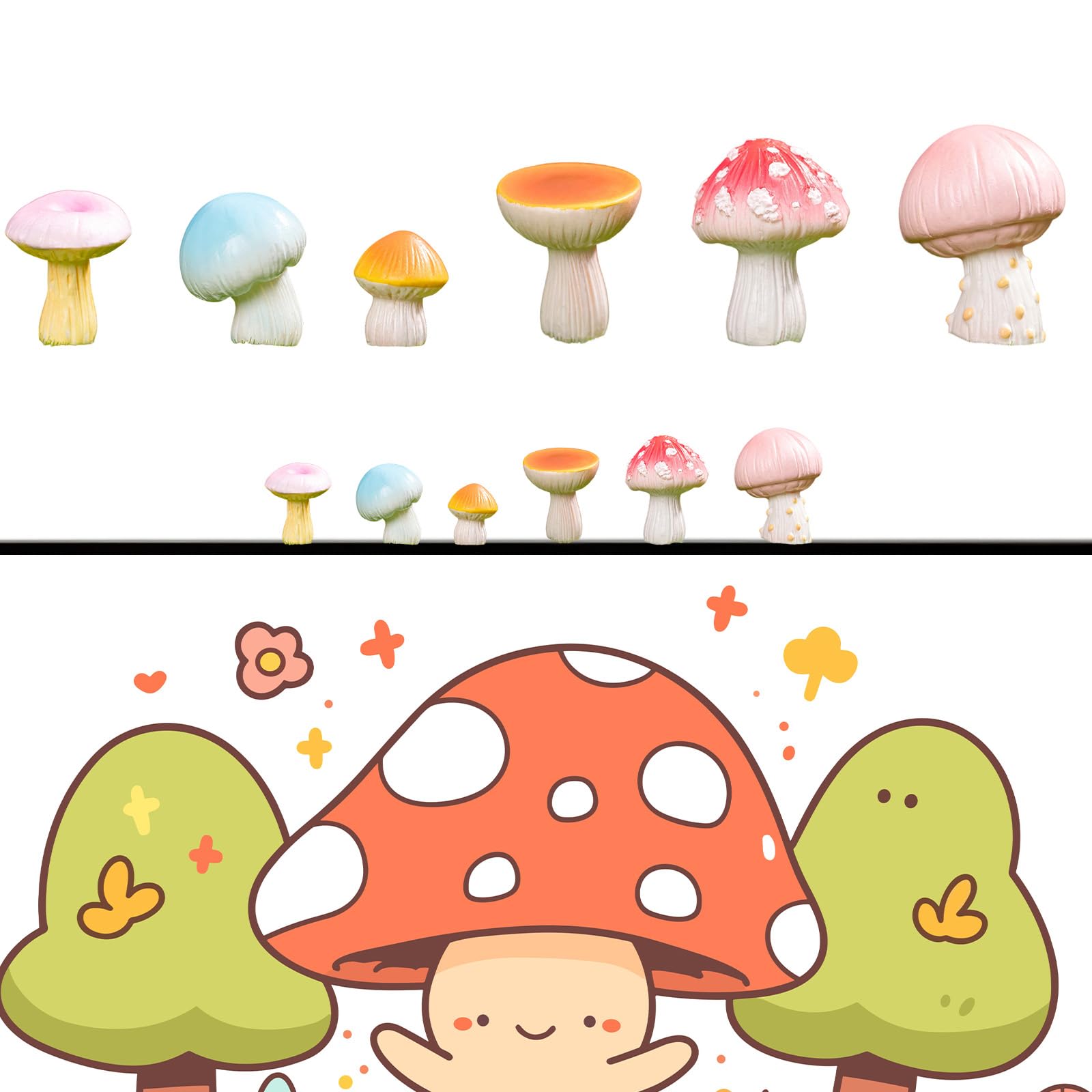 Niedlicher bunter Pilz-Handy-Buddy – 6 Mini-Figuren aus Kunstharz, selbstklebende Dekoration zum Abziehen und Aufkleben für Kindle, Handy, Auto, Armaturenbrett, Schreibtisch, lustiges kleines