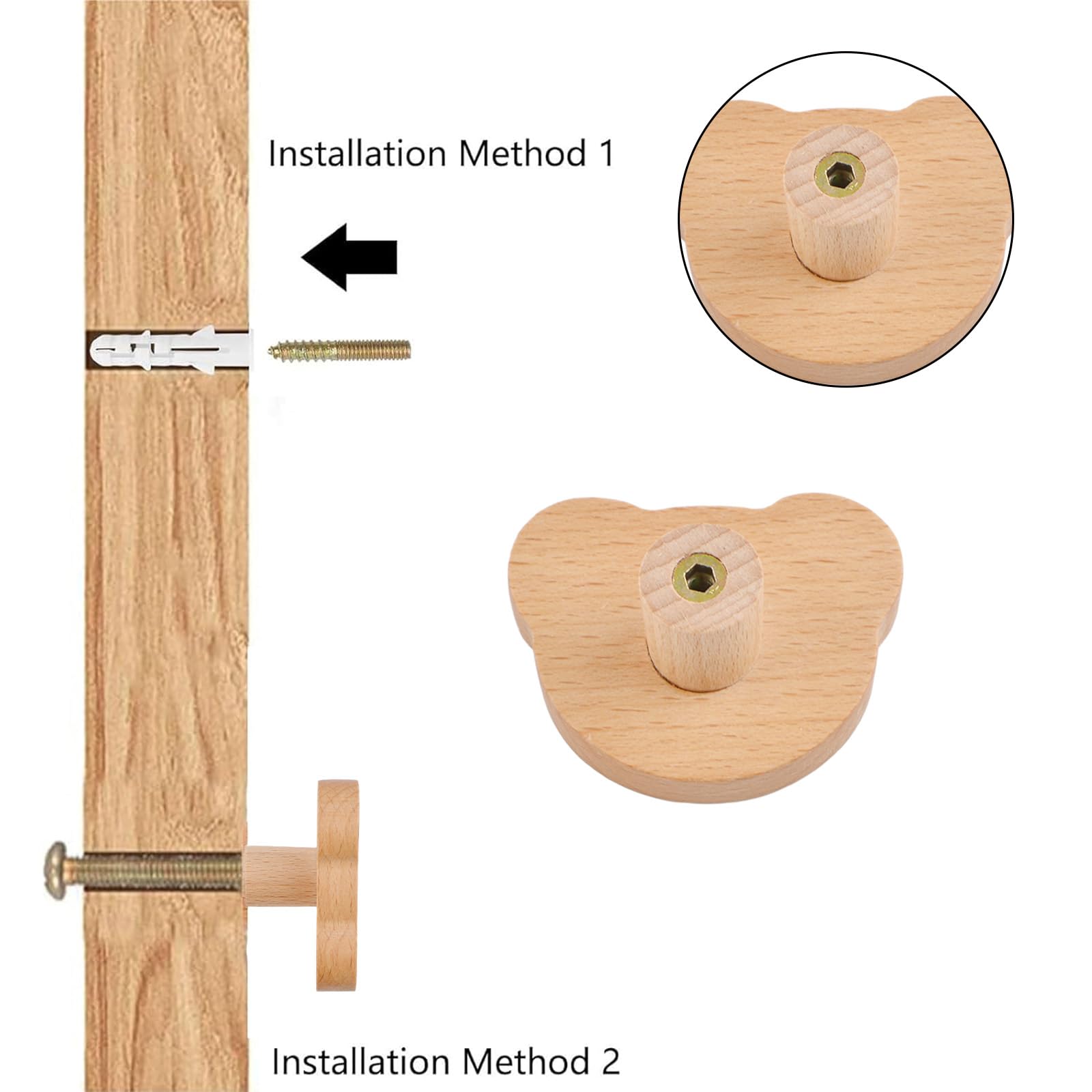 MOROBOR 4 piezas de pomos de madera en forma de oso con un solo orificio, asas de madera de haya para armario de madera, pomos de madera para cajones de cómoda con tornillos y tubo de expansión