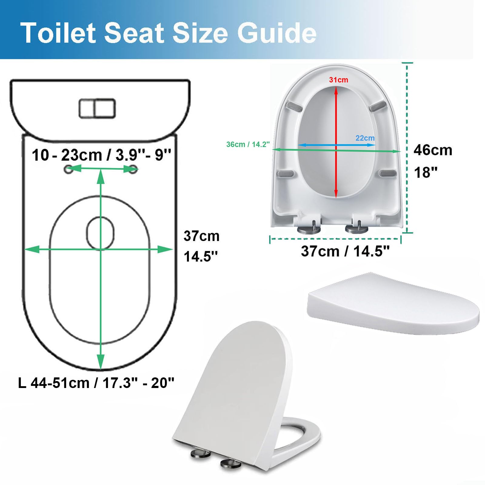 WC-Sitz mit Absenkautomatik, 47 x 37 cm, Schnellverschluss für einfache Reinigung, Befestigung oben, verstellbare Scharniere, bequemer Toilettensitz für US-Badezimmer