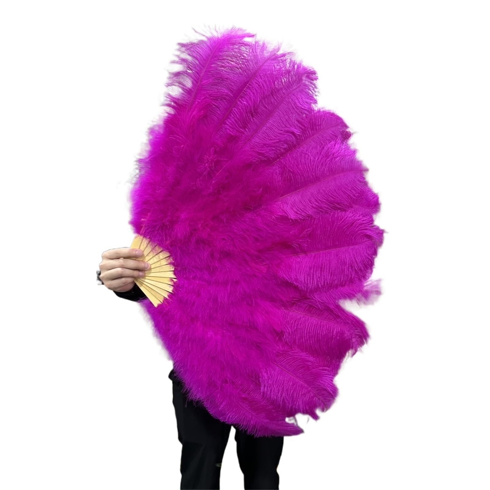 Grand éventail pliant en plumes d'autruche moelleuses - 13 branches - 100 cm / 130 cm - Pour mariage, fête, spectacle sur scène - Main gauche - 130 cm - Blanc