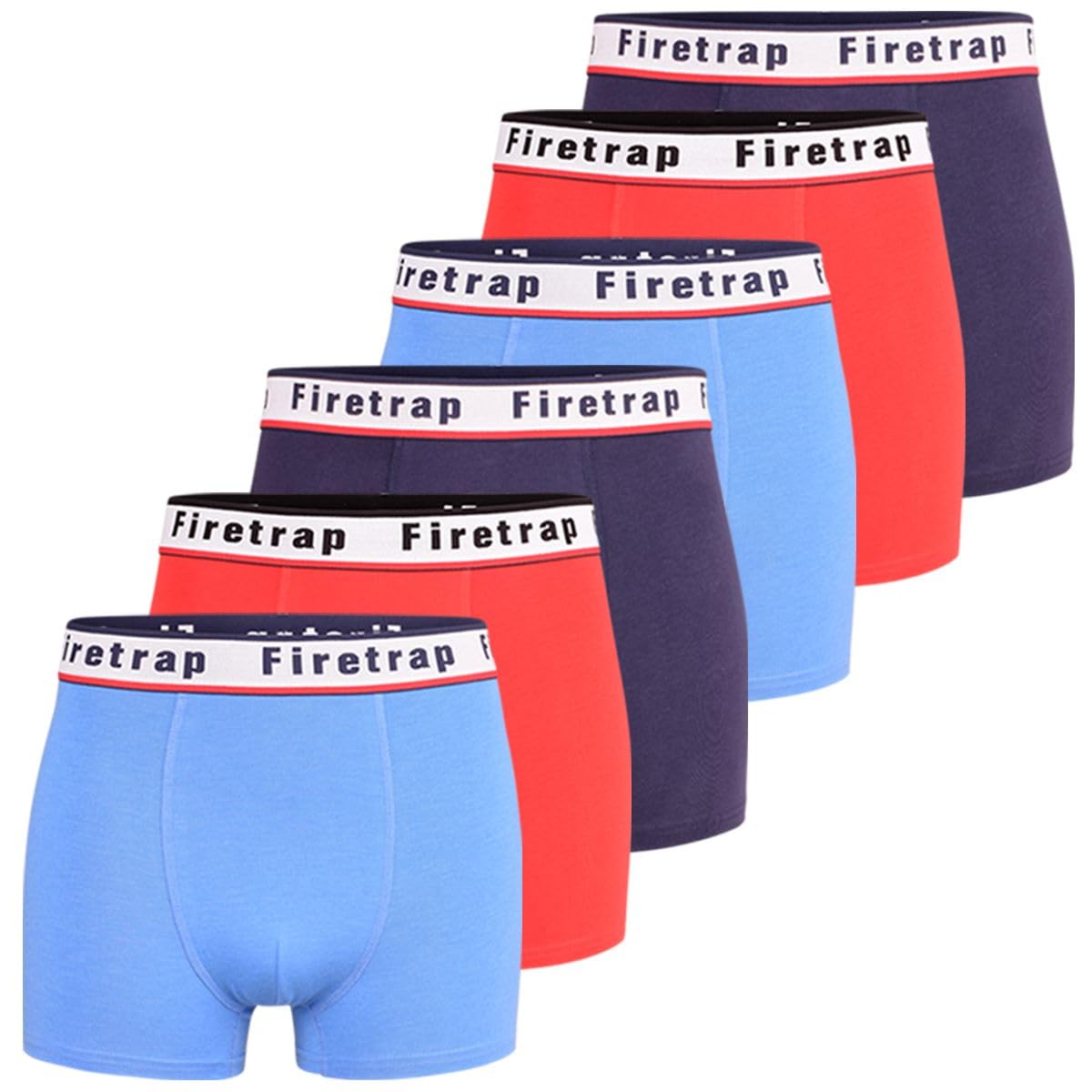 Firetrap Mens 6 Pack Designer Boxer Shorts, Underwear Gift Set Trunks Comfortable Stretch Cotton Plain Colours Mens Briefs Sky, Navy, Red L