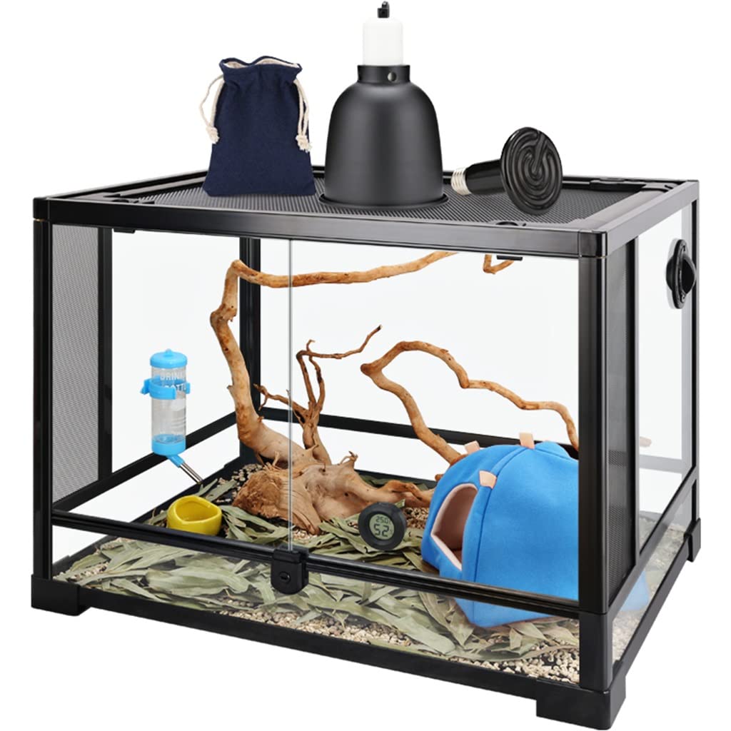 Terrario de vidrio grande para reptiles, anfibios, caja de cría de hábitat de vidrio, pantalla superior con vista completa, ventilación y diseño de bloqueo de seguridad para pequeños (negro 60x45x45cm