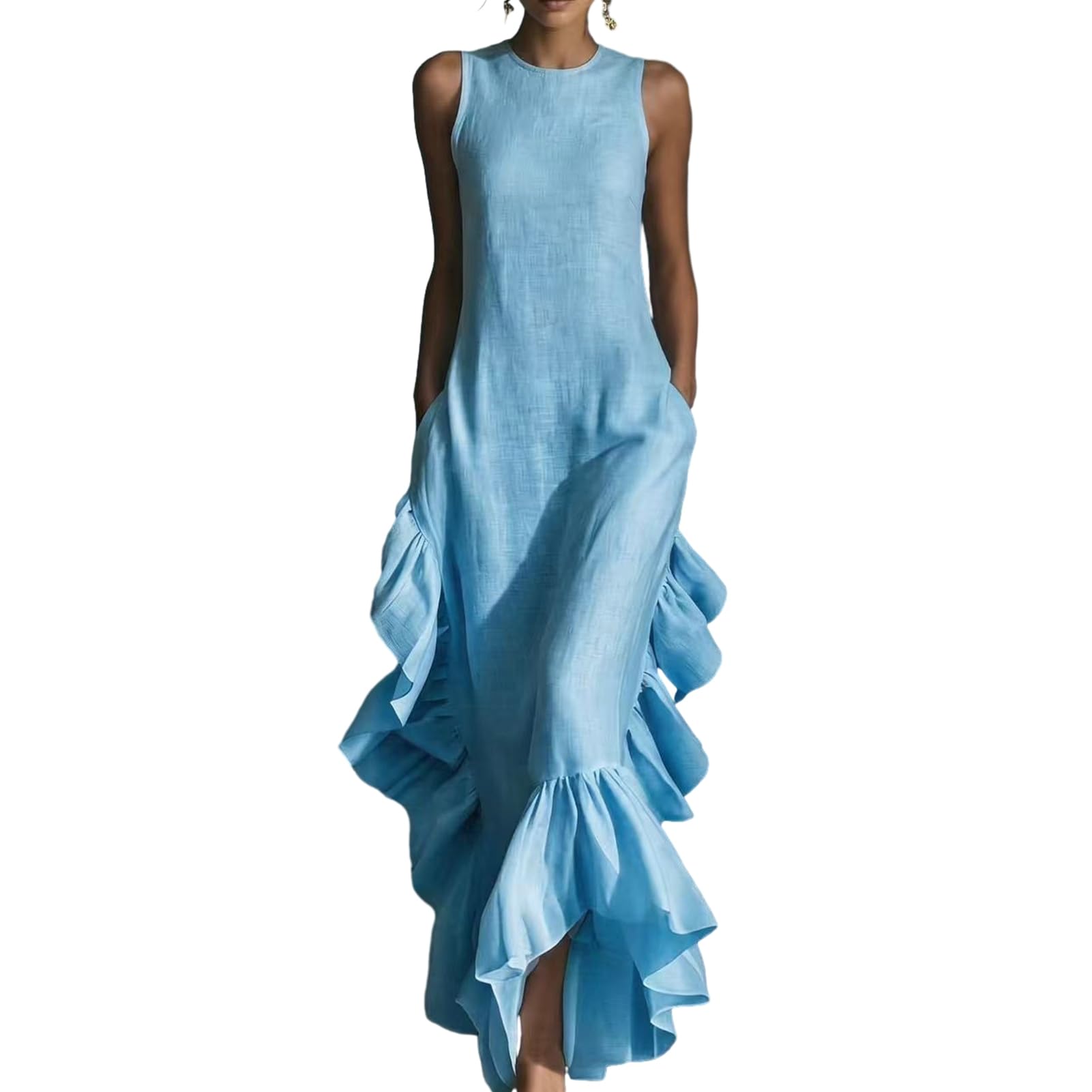 Robe sans manches à col rond pour femme, ourlet froncé, robe trapèze élégante, tenue élégante pour la plage, le bureau, les fêtes et les cocktails