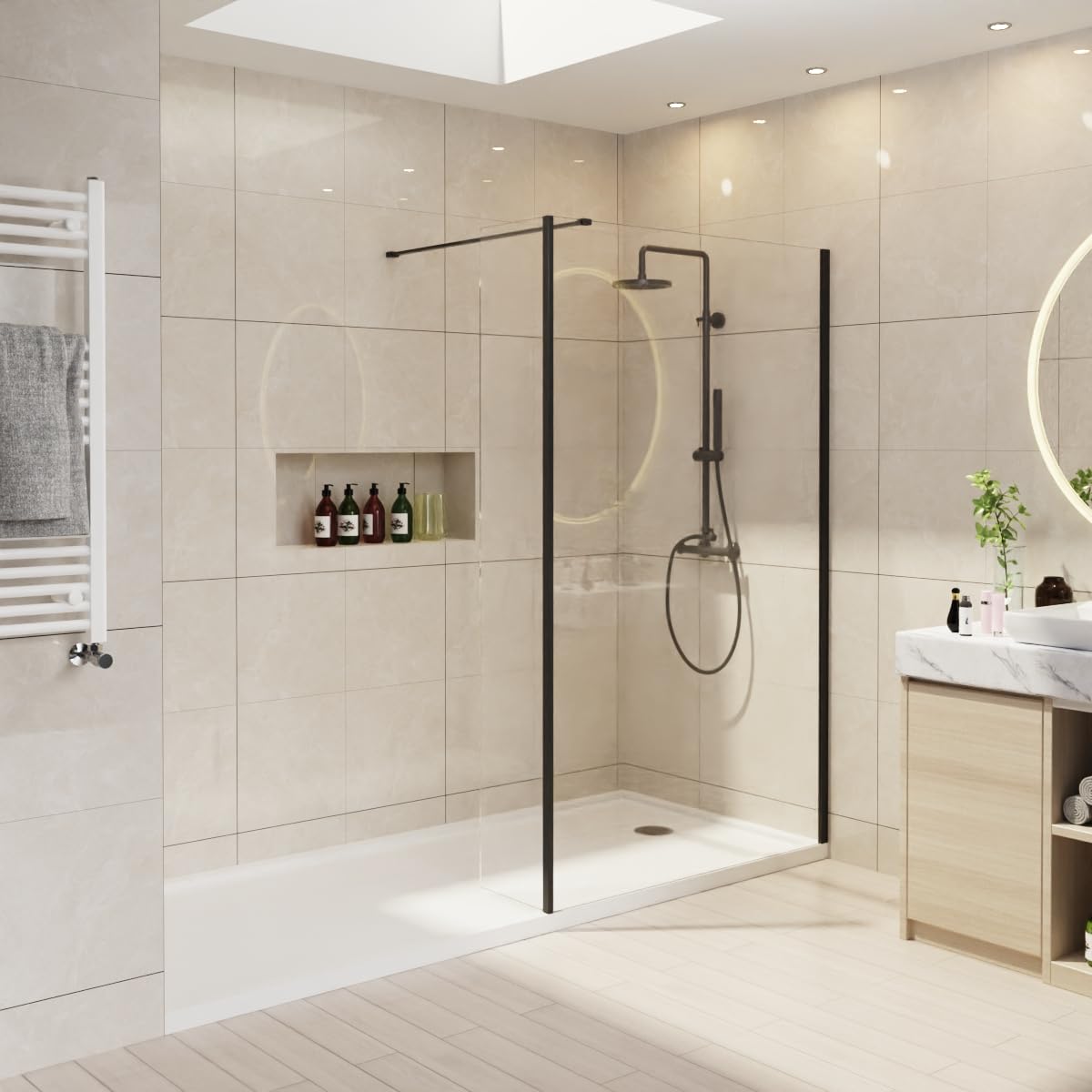 NRG 1100mm Walk-in Shower Screen 8mm Glass, Black Frame, 300mm Return Panel
